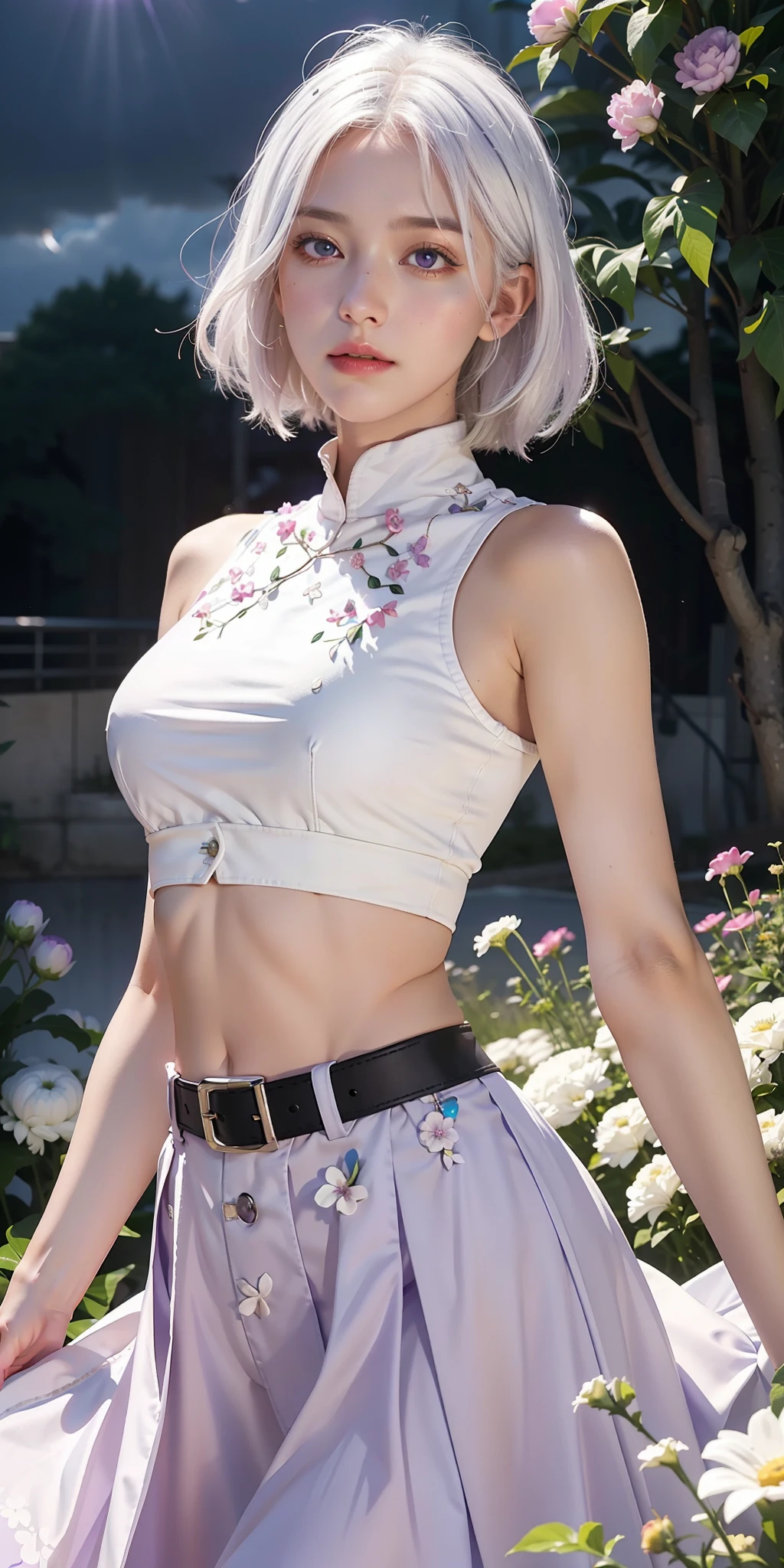 realistic, 1girl, white hair, purple eyes, glowing eyes, crop top, skirt, parted lips, blush, night, flowers, sun, sunlight,