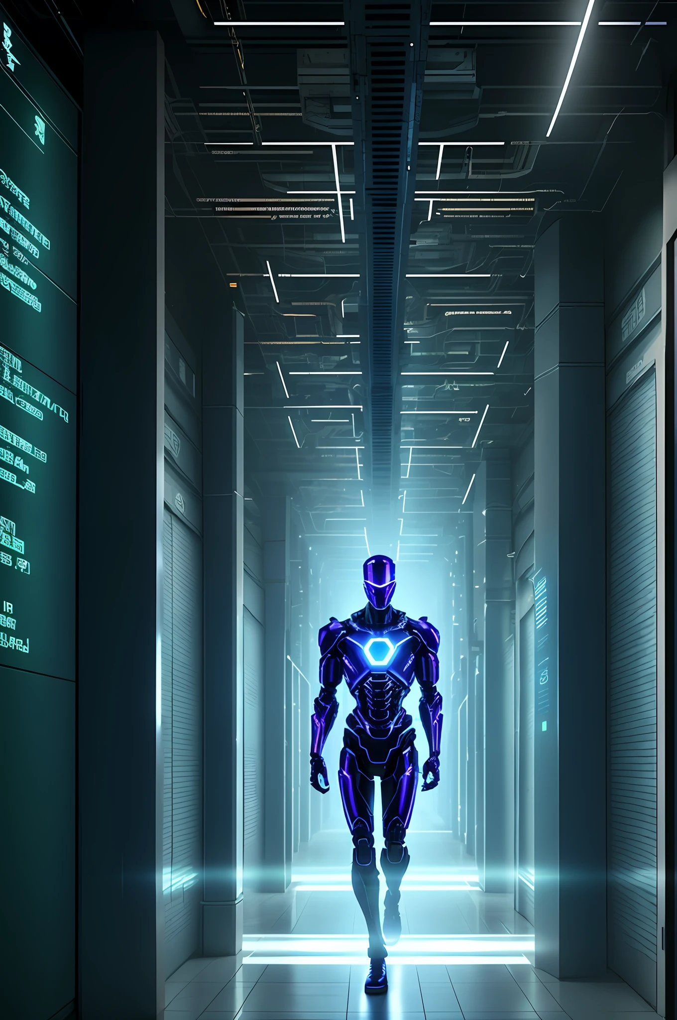 Cyberspace, a long hallway, storage grids, artificial intelligence codes, strong lights roasted a human