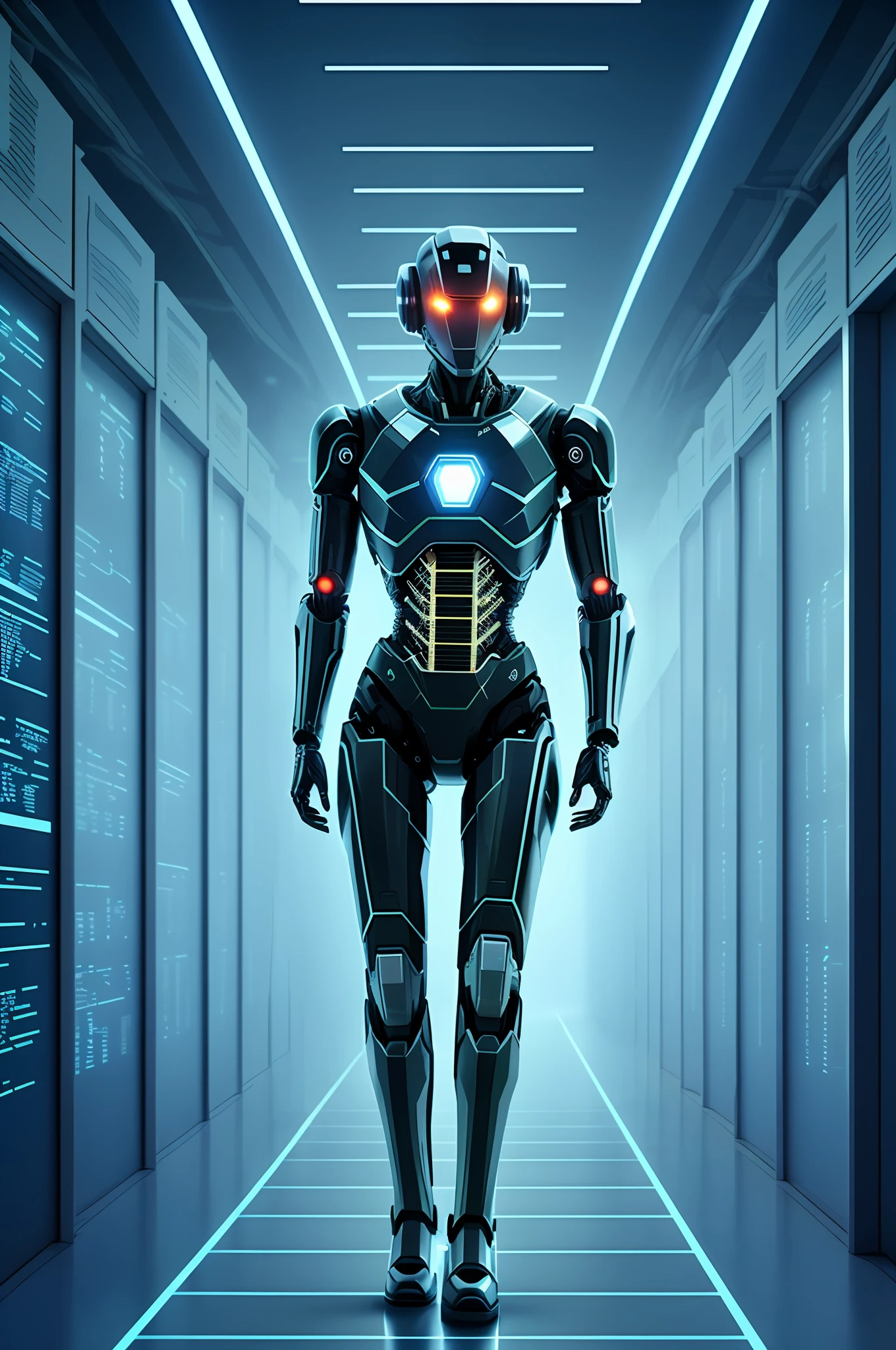 Cyberspace, a long corridor, storage grids, artificial intelligence codes, bright lights, with an artificial intelligence walking