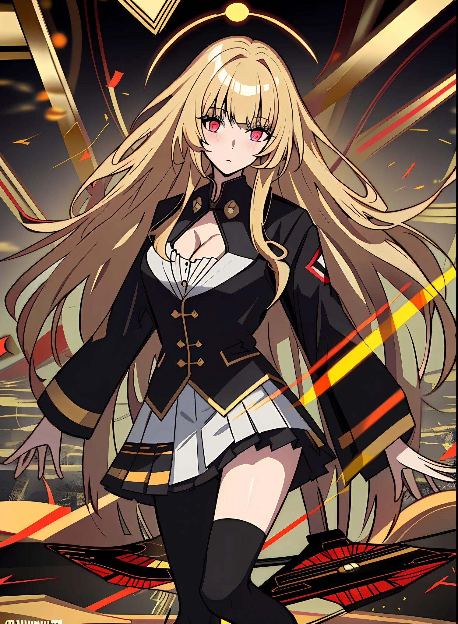 very long hair, golden hair, jacket, Black_jacket, red_eyes, bangs, school_uniform, straight hair, blunt_bangs, dart stand, darts, dart bar, looking down at the viewer, big, full body, crazy eyes, insane, wide open eyes, glowing eyes, shiny lips, blush, satisfying look, sexually aroused, obsessive look, crazy look, hands from frame, adult, mature,, blonde, cleavage