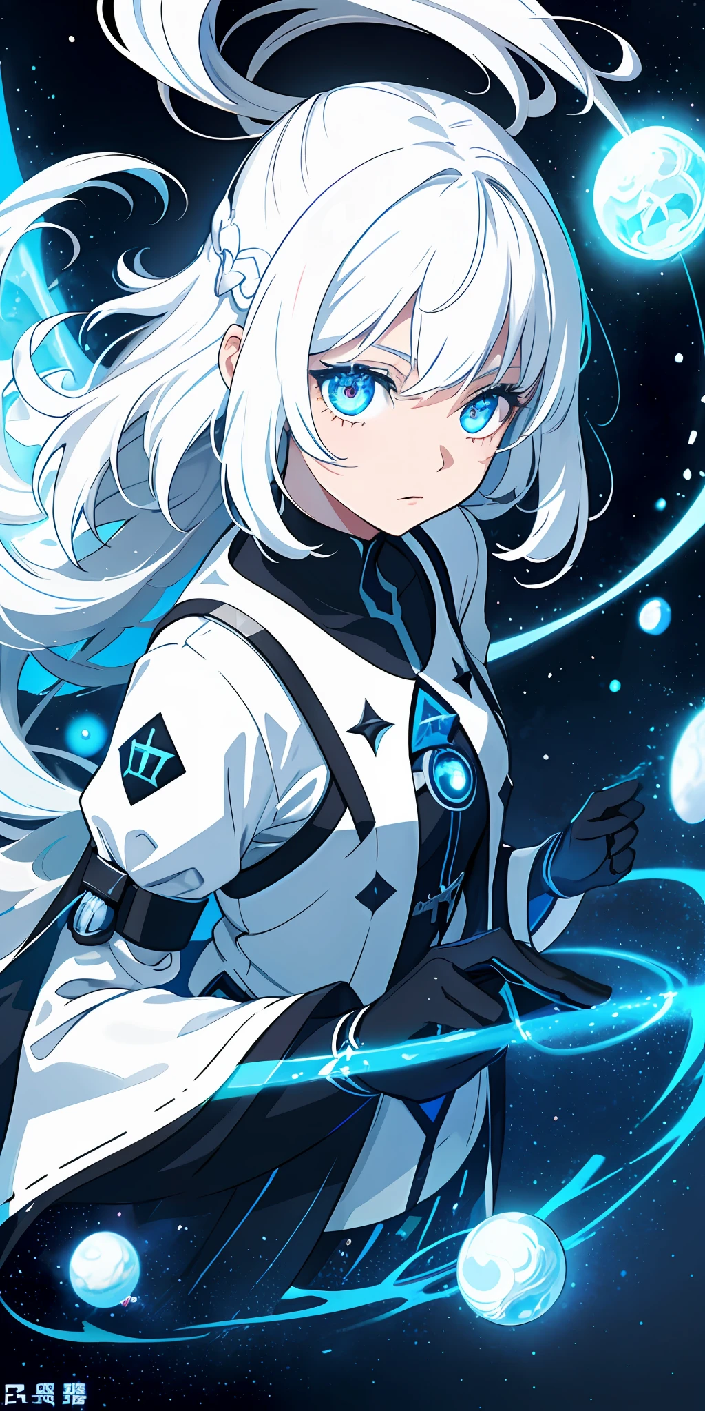 1girl, white hair, rune pupil, cosmic goddess, galaxy, light particles, light, wallpaper, high contrast, dazzling,