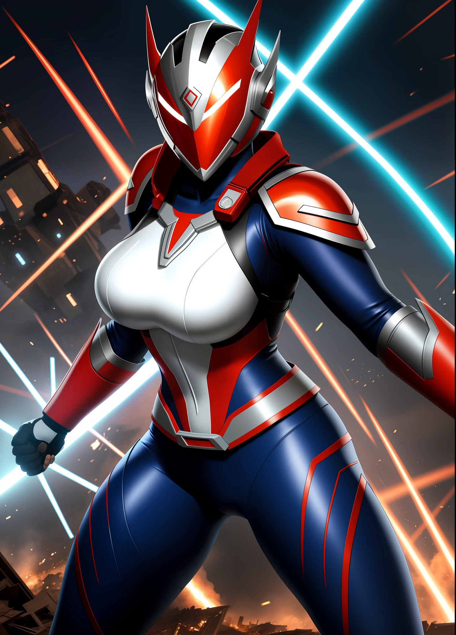 Full Body, 1 giant woman with Ninja/Ultraman suit, huge breasts, ultraman helmet mask, facing the viewer, fists closed upwards, in a fighting position, she has thunder around her body, she is in a destroyed city with small ships circling around, anime, Tokusatsu, Ultraman, Mortal Kombat, 16k, UHD, ccurate, anatomically correct, masterpiece, highres, best quality, award winning, high details