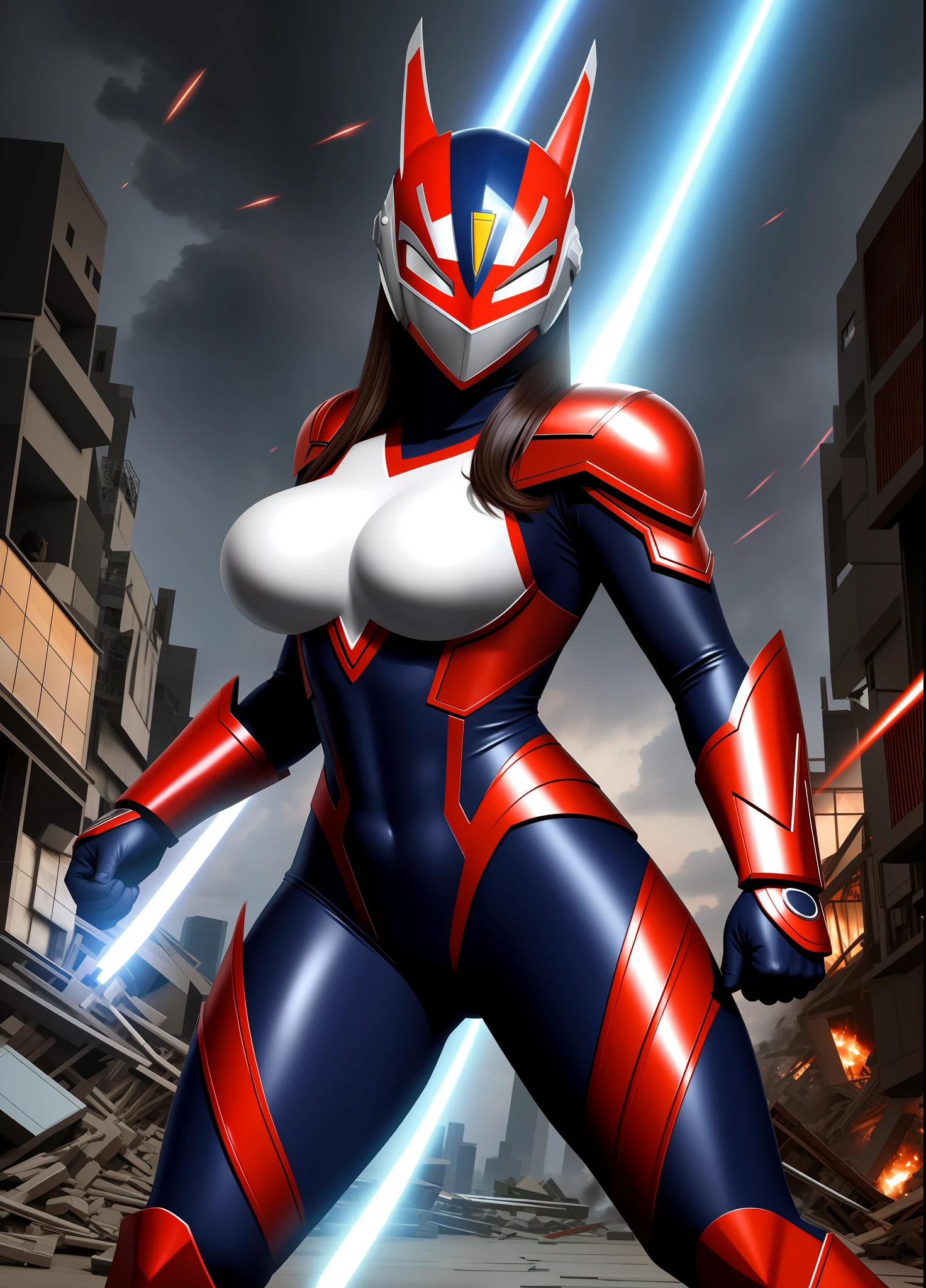 Full Body, 1 giant woman with Ninja/Ultraman suit, huge breasts, ultraman helmet mask, facing the viewer, fists closed upwards, in a fighting position, she has thunder around her body, she is in a destroyed city with small ships circling around, anime, Tokusatsu, Ultraman, Mortal Kombat, 16k, UHD, ccurate, anatomically correct, masterpiece, highres, best quality, award winning, high details