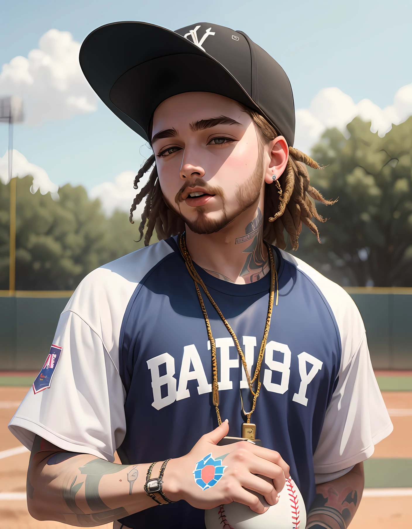 Boy playing baseball with rap cap POST Malone
