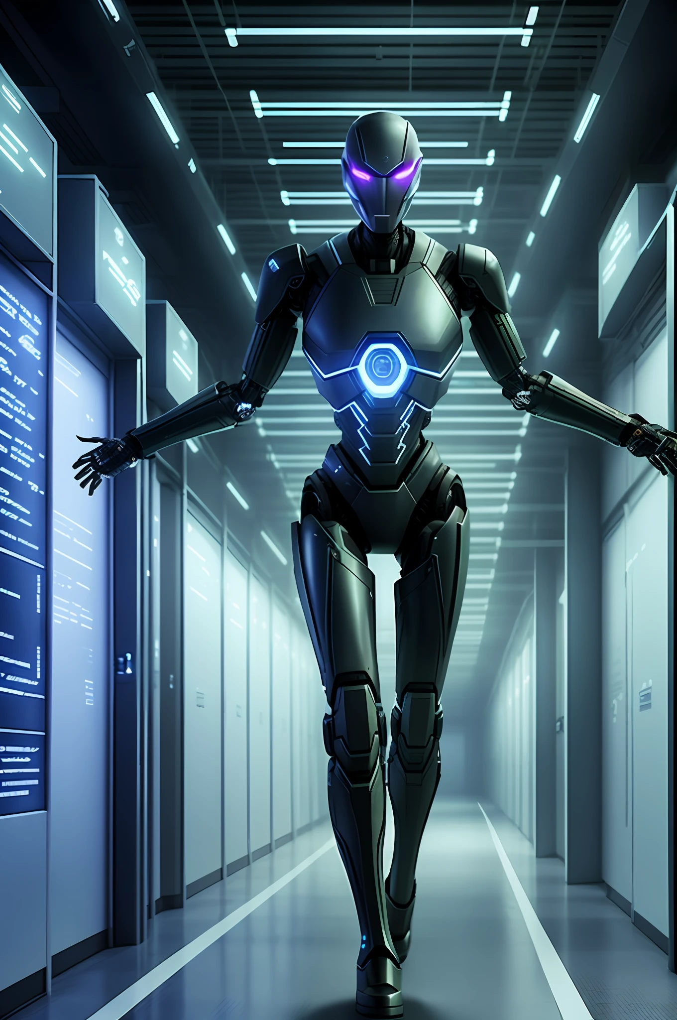 Cyberspace, a long hallway, storage grids, artificial intelligence codes, strong lights roasted a human