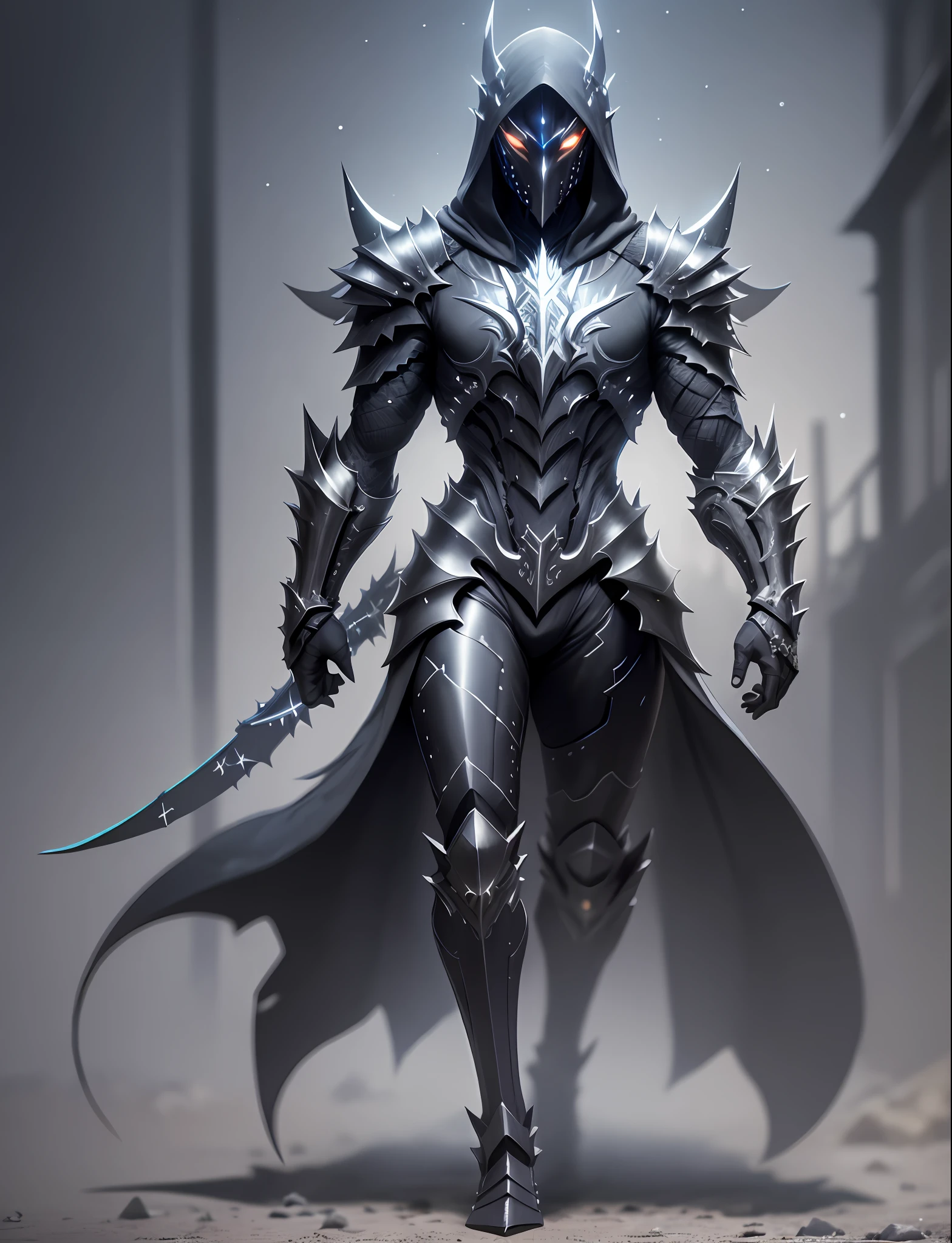 full body hyper realistic black rainbow hooded sharp ornate monster armor man suite, waring mask, full sharp armor, dark, night, extra details armor, Many details, front view, (night:2) empty background, front view, wide angle, ultra details, ultra resolution, ultra quality, unreal engine 5, cinematic lighting, depth of field, head out of frame, out of frame, feet out of frame, super detail, 16k, high quality, award winning, best quality, textured skin, high details, super detail