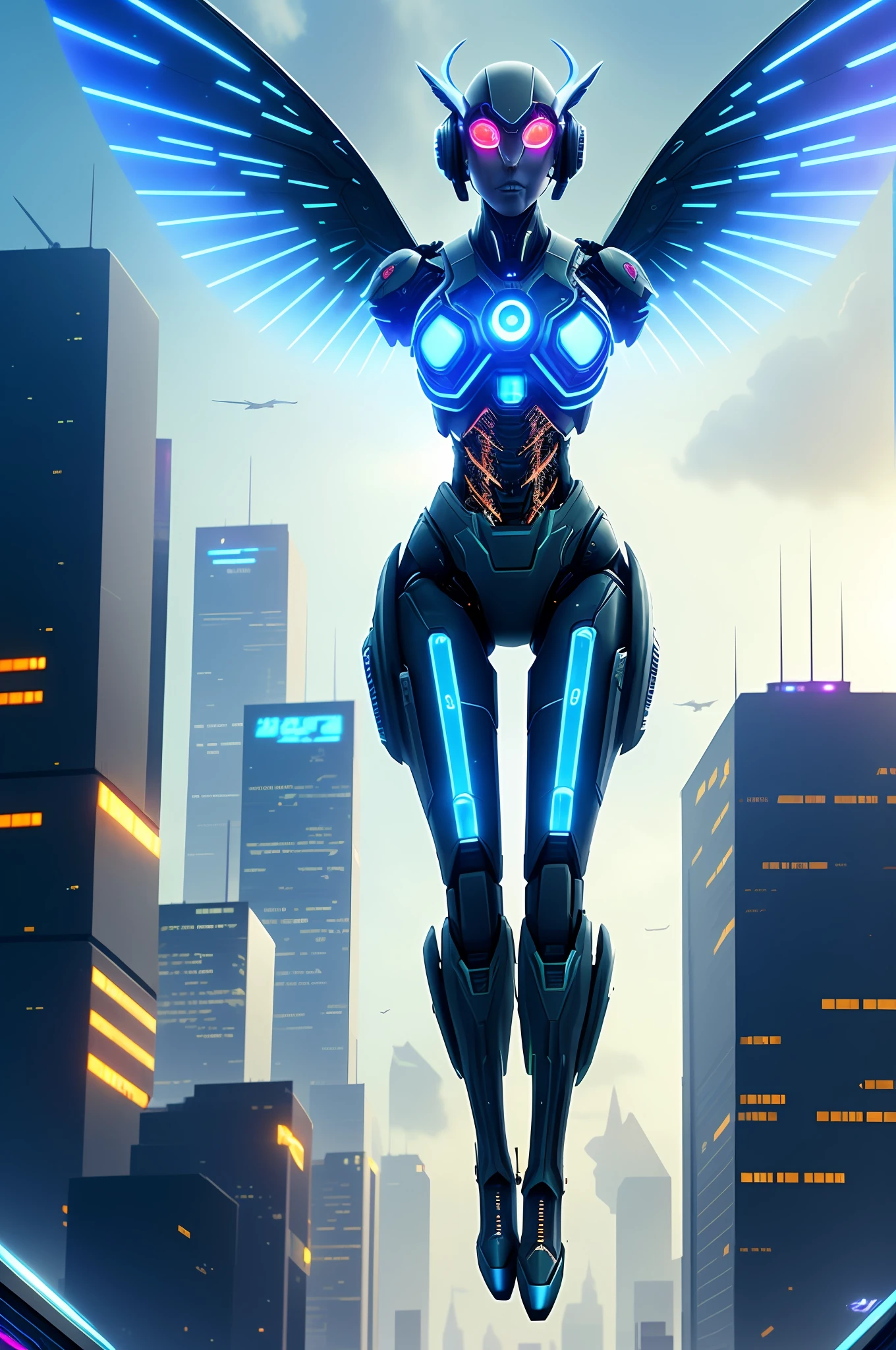 Artificial intelligence, Cyberspace, in a futuristic city (city of artificial intelligences), artificial intelligence codes, strong lights wings, with flying dear