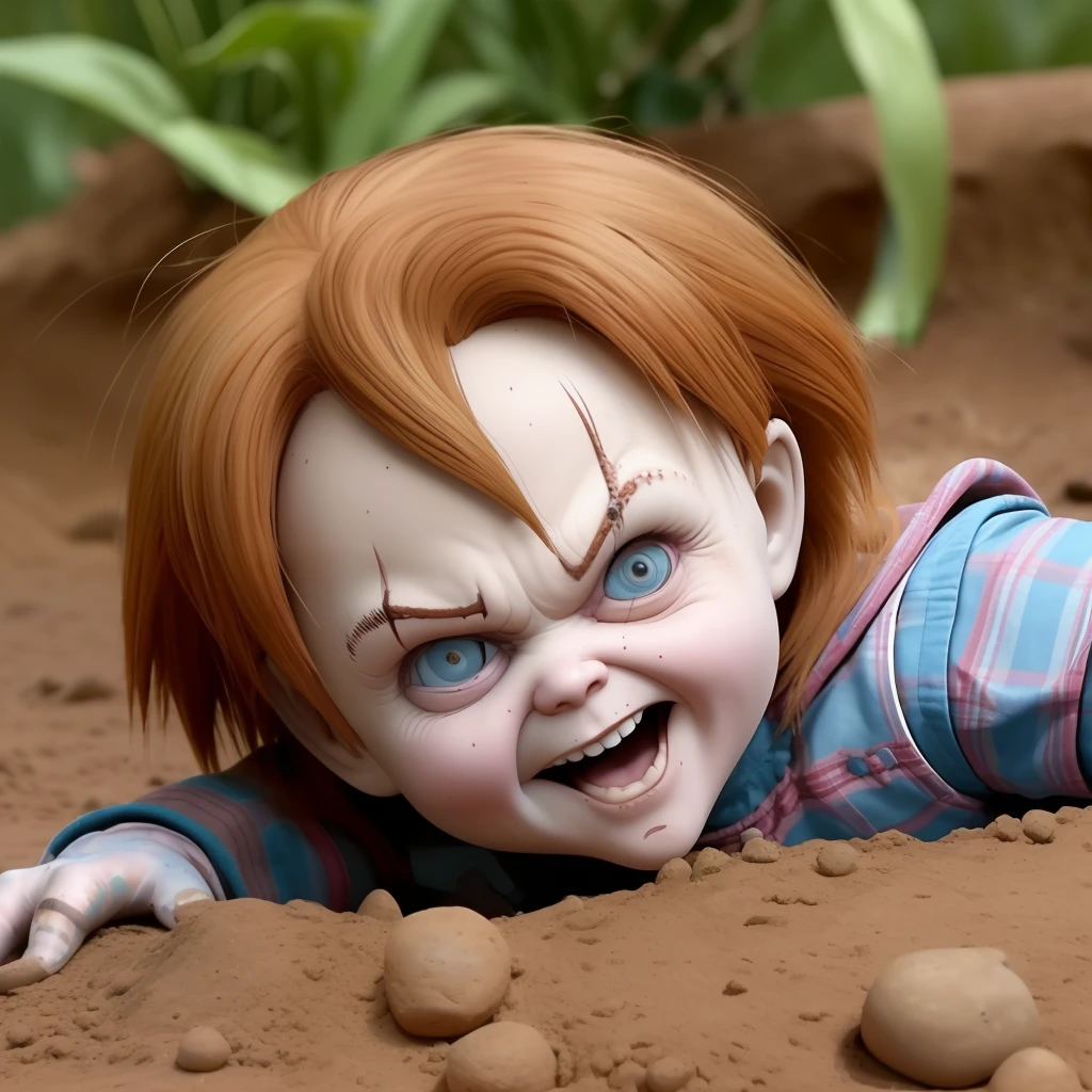 Chucky the evil doll is buried in an anthill