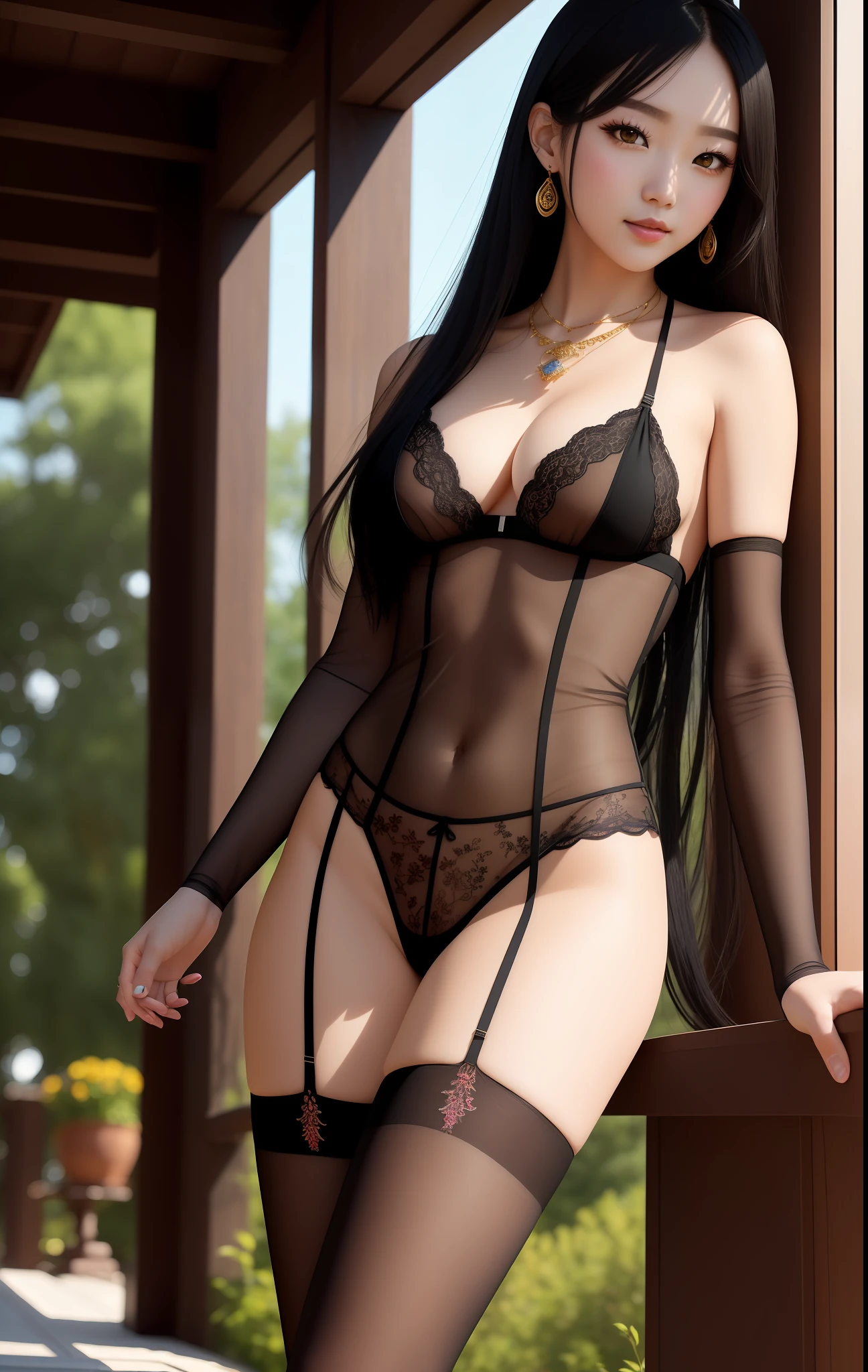 morning, (early morning), (day: 1.8), summer, hot spring, (traits: 1.9), 1 female, full body, black hair, super long hair, grinning, sexy, breasts, show legs, pantyhose, black stockings, lace stocking edges, detailed thighs, dynamic angles, dynamic poses, outdoors, chinoiserie architecture, high color saturation, color saturation, (jewelry: 1.9), wear jewelry, warm light, warm light, ray tracing, cinematic light, (original photo: 1.2), (realism: 1.4), absurd, Unbelievably ridiculous, huge file size, super detailed, high resolution, very detailed, best quality, masterpiece, illustration, very refined and beautiful, very detailed, CG, unified, 8k wallpaper, amazing, fine details, masterpiece, best quality, pureerosface_v1, ulzzang -6500-v1.1,