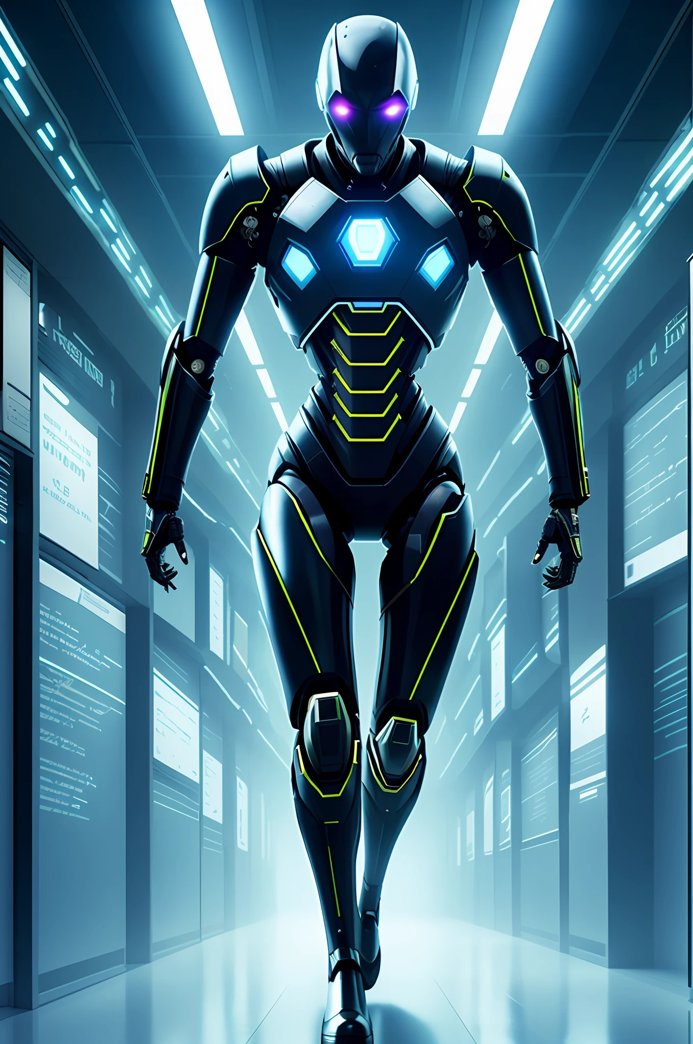 Cyberspace, a long corridor, storage grids, artificial intelligence codes, bright lights, with an evil artificial intelligence