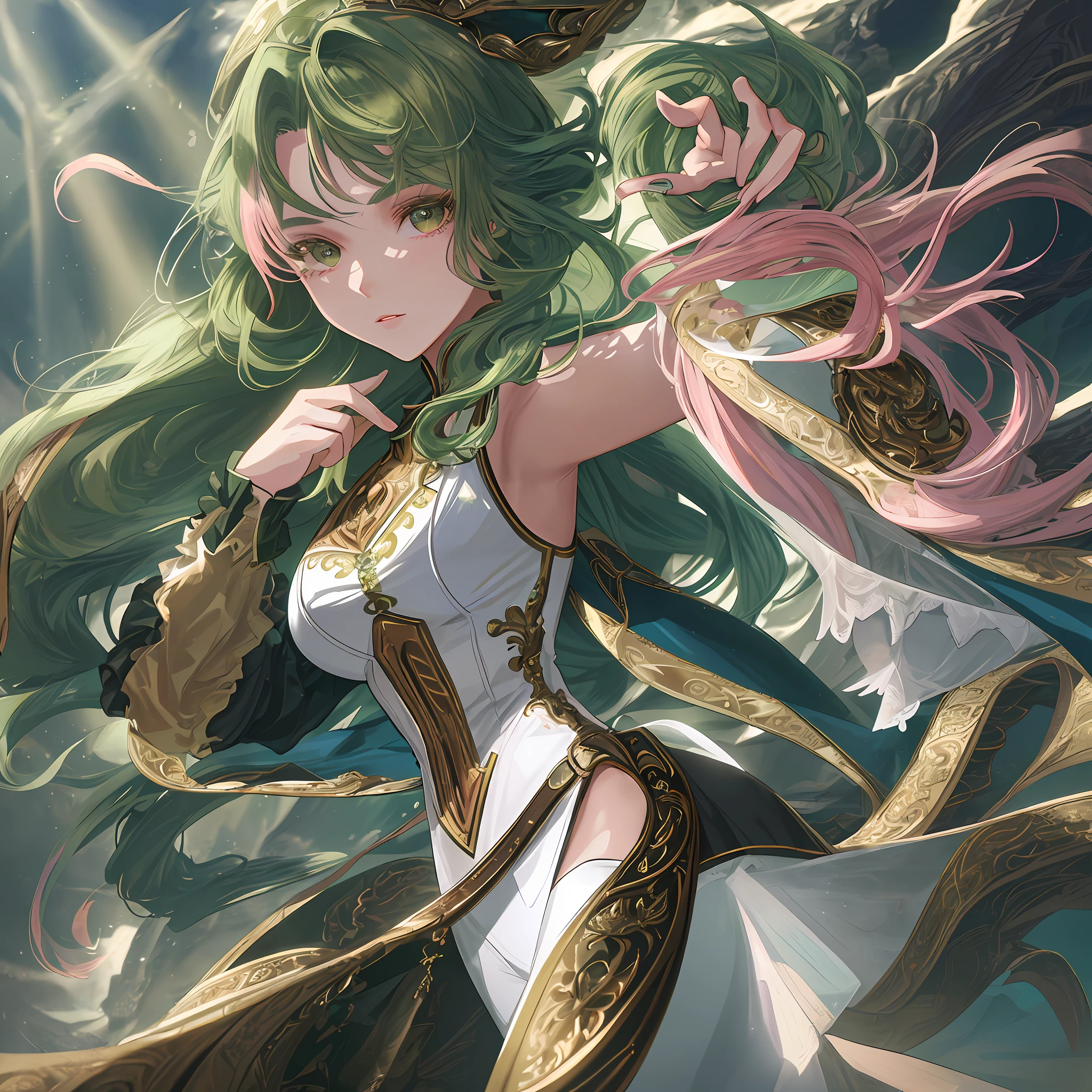 ((a masterpiece)), better quality, ultra-detailed textures, perfect lighting, perfect shadow effects, a beautiful young woman with green hair and pink locks in her right side hair, dynamic angulation, dynamic pose, brown eyes, white clothing.