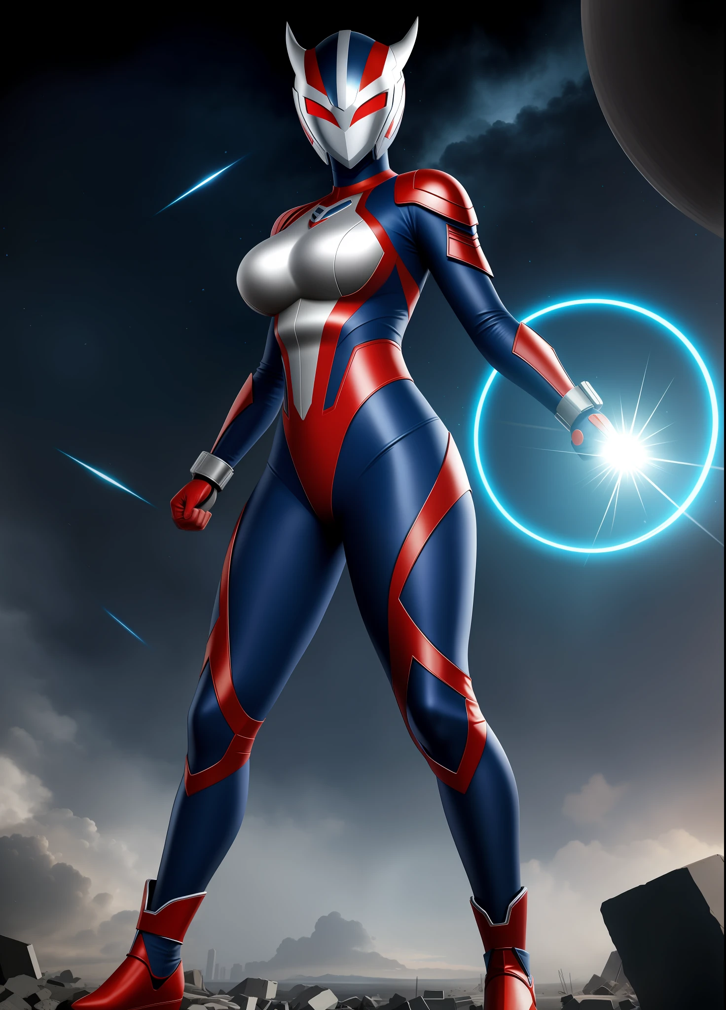 Full Body, 1 giant female in Ninja/Ultraman suit, huge breasts, ultraman helmet mask, facing viewer, no hair, clenched fists, fists up, bright blue circular jewel on her chest, in fighting stance, she has thunder around from your body, you are in a destroyed city with small ships circling around, anime, 16k, UHD, ccurate, anatomically correct, masterpiece, highres, best quality, award winning, high details