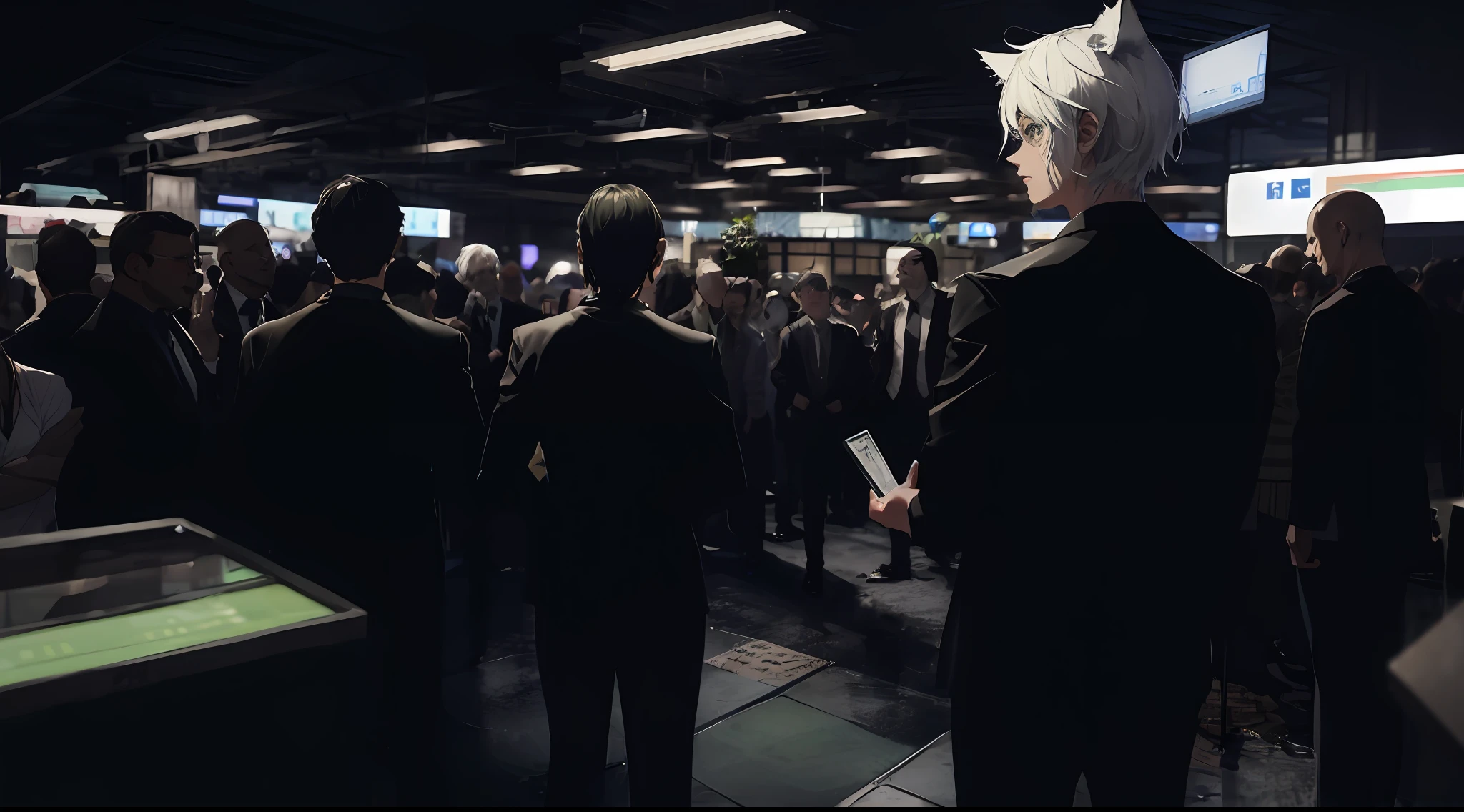 masterpiece, best quality,1girl,sexy girl,green eyes,white hair, long hair cut, MJ, from behind, shiny skin ,thin waist,shorts, graphic shirt, cat ears, cat tail, catgirl,standing, arched back BREAK indoors, short cubicle walls, (around crowd:1.4),office plants,office at night, late night, stock graphs, computer screens, surrounded by men in suits, men in suits talking, depth of field,looking back at viewer