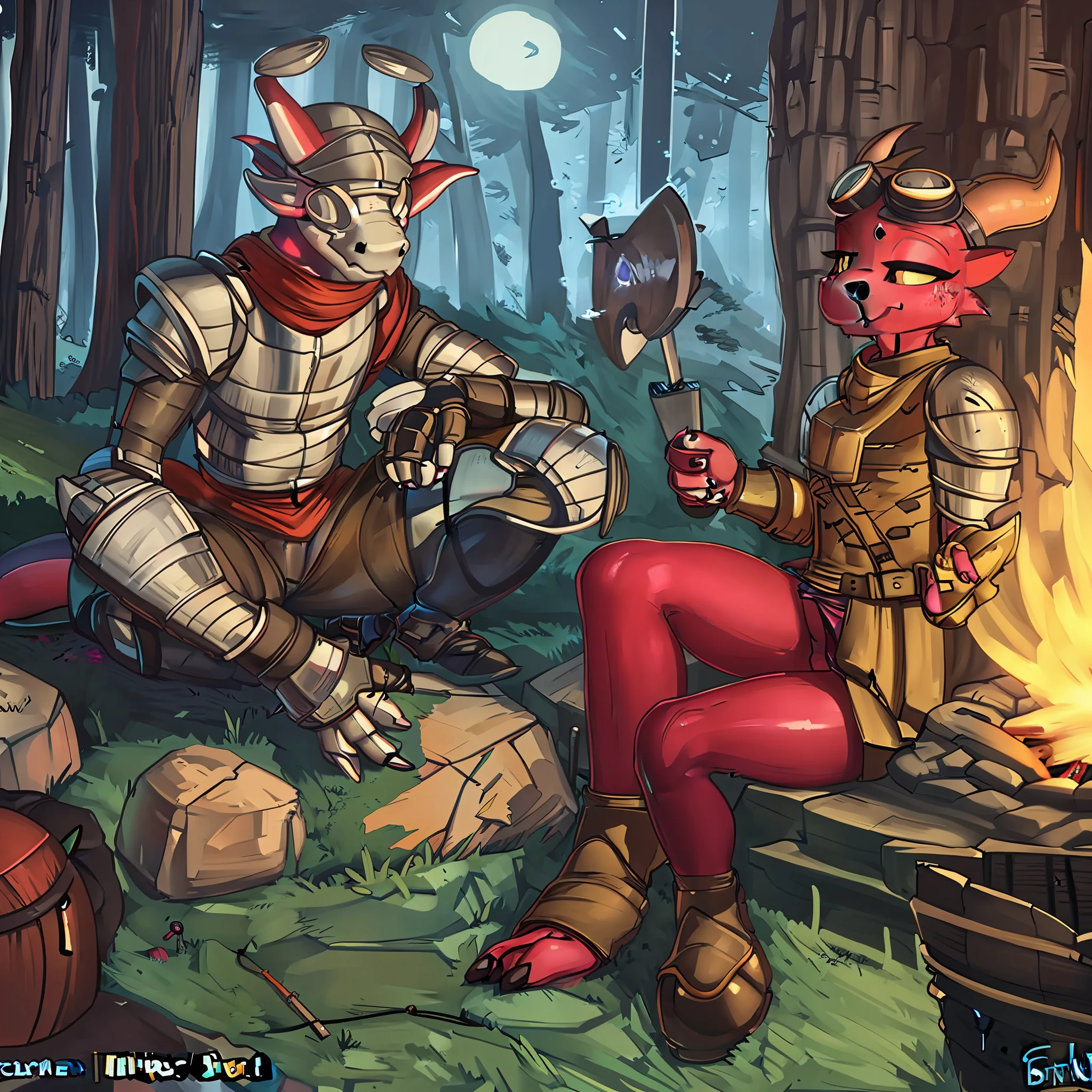 kobold anthro, pixelsketcher, male kobold anthro, by eiprel, highdetail, by lnnncore, medieval armor, sitting around campfire, night, forest background, vibrant colors, glossy, diffuse glow, artificer, inventor, goggles