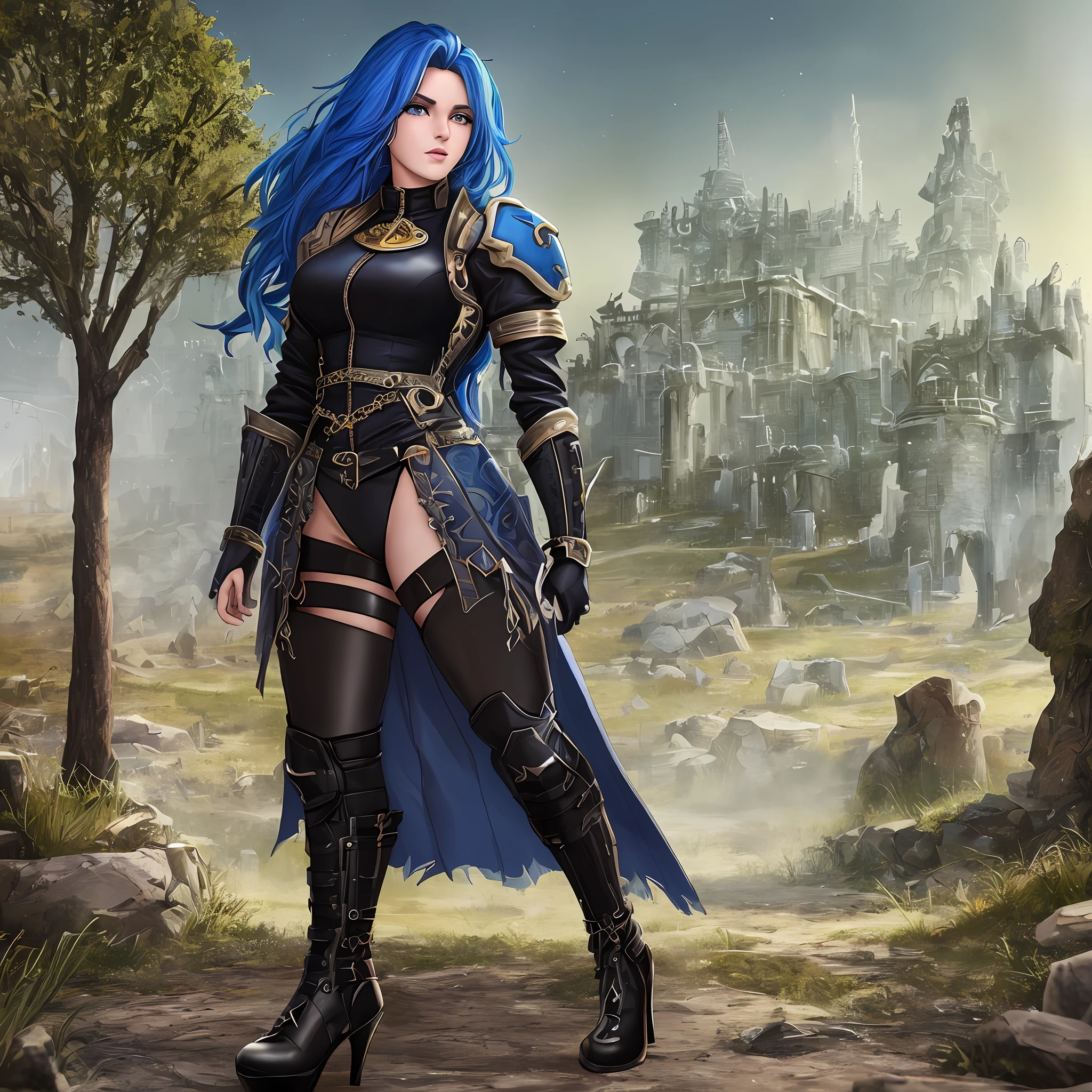 extremely detailed beautiful Gabrielle Garcia, full body length, some scars on her perfect face, hair cascading in loose waves up to her small waist, an impressive 30-year-old realistic photograph, fire-colored blue hair, blue eyes, extremely detailed unzipped, biker outfit, high heels, she is in the ancient necripolis town of Stratholme located in the desolate and haunted land contaminated by plague and war,  where decay and darkness reign, imposing posture, metal details on jacket, cut, witch blade references, close, full moon, sister of battle elements, ufo lights in the sky, assests game, facehuger walking close, some chaos, hyperdetailed, octane render, shadow and light active, lighting bar, complex, resolution 8k cover photo hypereallistic erte .12k,  intricate. definition of hit, maximum detail, extreme cinematicism, mixture of bold dark lines and loose lines,{{{{Whole body}}}}.