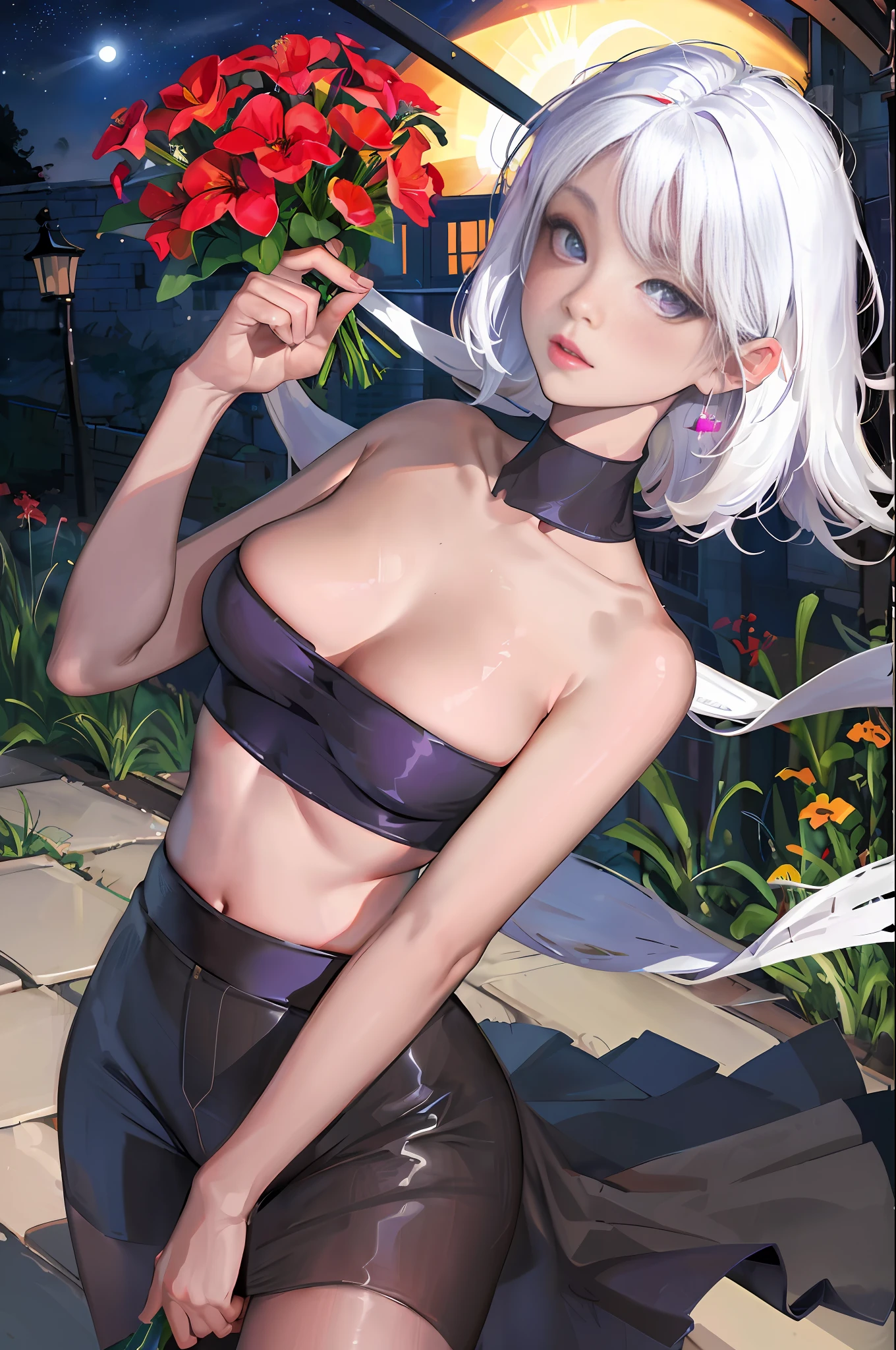 realistic, 1girl, white hair, purple eyes, glowing eyes, crop top, skirt, parted lips, blush, night, flowers, sun, sunlight,