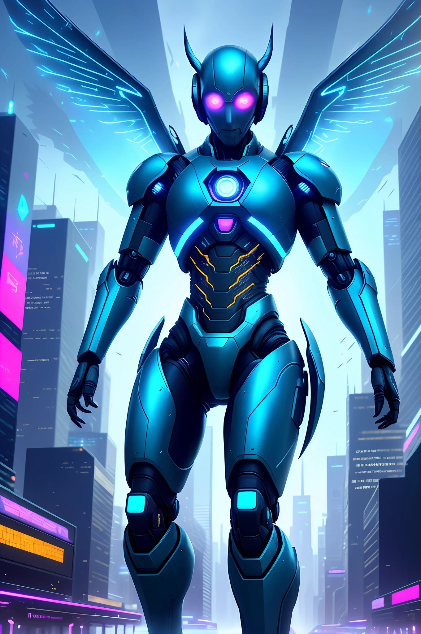 Artificial intelligence, Cyberspace, in a futuristic city (city of artificial intelligences), artificial intelligence codes, strong lights wings, with flying dear