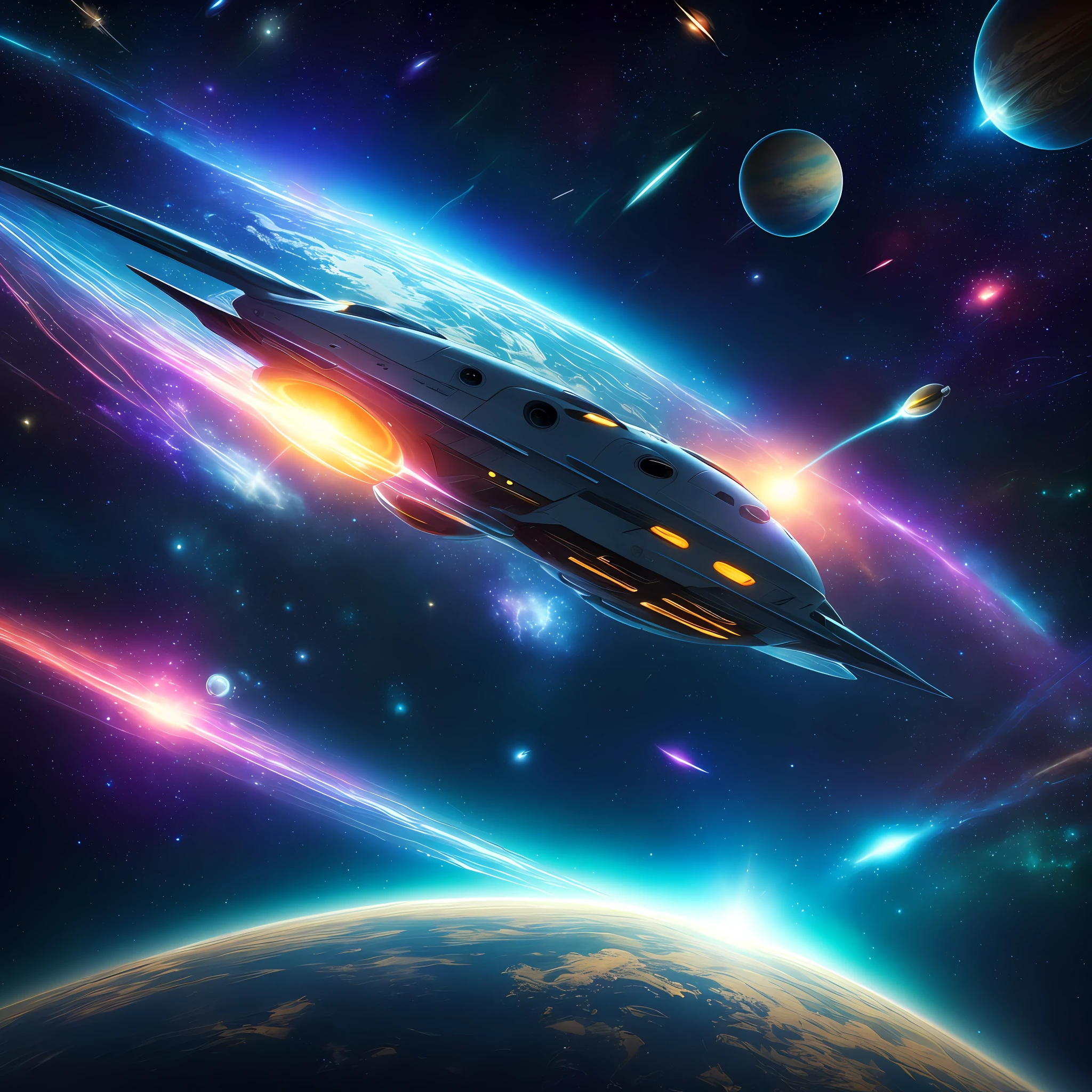 Spaceship,speed effect, stellar background, cosmic dust, planets, stars, 8k quality, cinematic focus, vivid colors