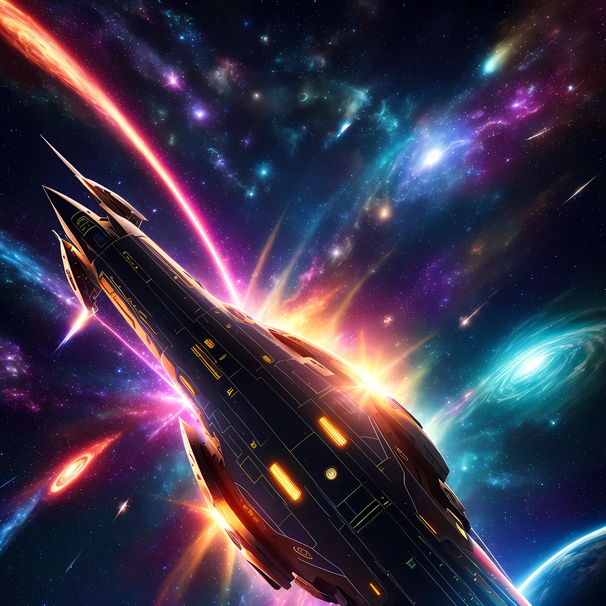 Spaceship,speed effect, stellar background, cosmic dust, planets, stars, 8k quality, cinematic focus, vivid colors