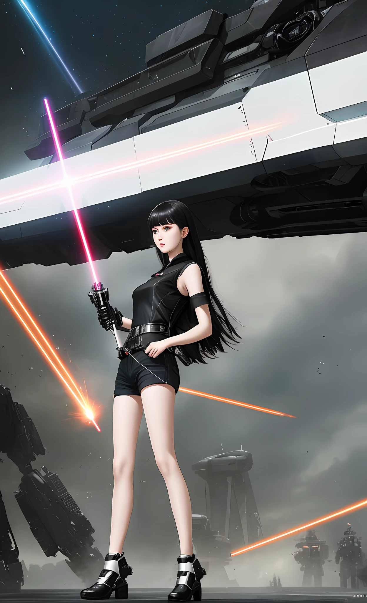 There is a girl in white skin and black dress holding a laser sword in battle, the background has a huge mecha, pale skin, black short-sleeved shirt, dark denim shorts, long legs, laser sword in right hand, science fiction movie, beautiful digital artwork, realistic effect, high texture