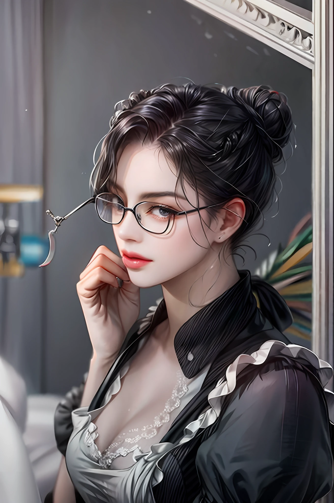 A maid with black hair glasses tied up in a bun