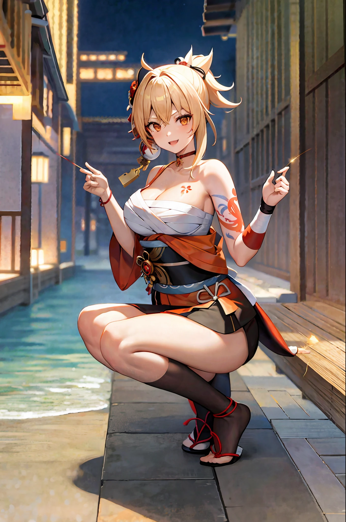masterpiece, best quality, highres, 1girl, blonde hair, medium hair, asymmetrical hair, floating hair, hair between eyes, high ponytail, sidelocks, hair ornament, fish hair ornament, tassel, kanzashi, bangs, orange eyes, open mouth, smile, teeth, upper teeth only, choker, red choker, pendant choker, butterfly choker, collarbone, tattoo, chest tattoo, flower tattoo, cleavage, medium breasts, thighs, bandages, bandaged leg, sarashi, budget sarashi, chest sarashi, black sash, hadanugi dousa, houkisei, japanese clothes, kimono, kinchaku, obi, obiage, obijime, orange kimono, pouch, print kimono, rope, sash, shimenawa, short kimono, single bare shoulder, vision (genshin impact), east asian architecture, cherry blossoms, full body, squatting, sparkler, night, firework, holding firework, legs together, feet, single glove, single fingerless glove, wristband, black socks,