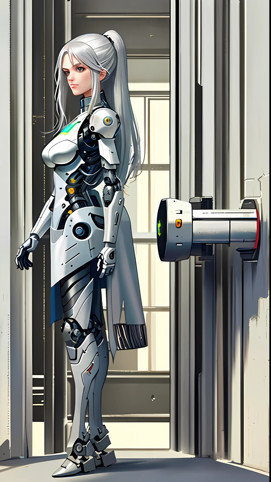 1woman, cyborg, solo, masterpiece, best quality, silver hair, long silver hair, white clothing, combat clothing, one robotic arm, one robotic leg