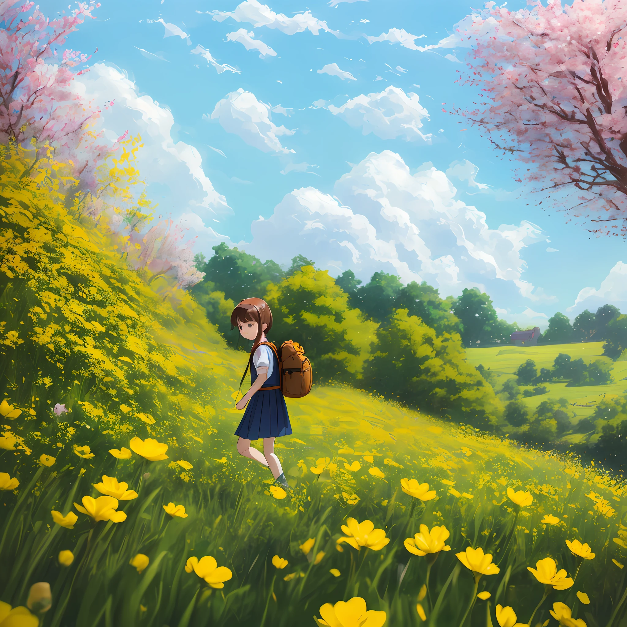 An incredibly charming carrying a backpack, ((1girl)), accompanied by her adorable puppy, enjoying a lovely spring outing surrounded by beautiful yellow flowers and natural scenery, brown hair, Hyperrealism, anime style, Pixar, depth of field, backlighting, framed, cropped, perspective, atmospheric perspective, Sony FE, f/16, UHD, retina, masterpiece, super detail, high details, high quality, best quality, highres, 16k