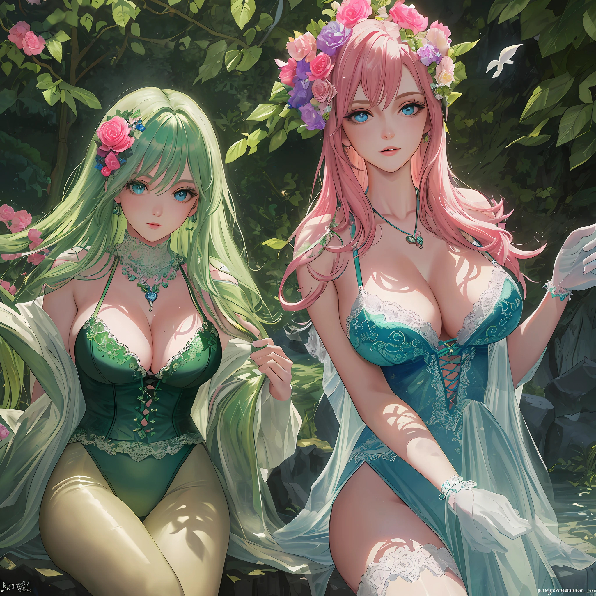 "(((masterpiece)))), best quality, ultra-detailed, extremely detailed and realistic, bright green and pink hair, mesmerizing blue eyes like infinite sky, big ???? ??????? in beautiful wet lingerie. Flowers flying around you as a heart necklace adorns your neck. The perfect setting to feel sensual and powerful."