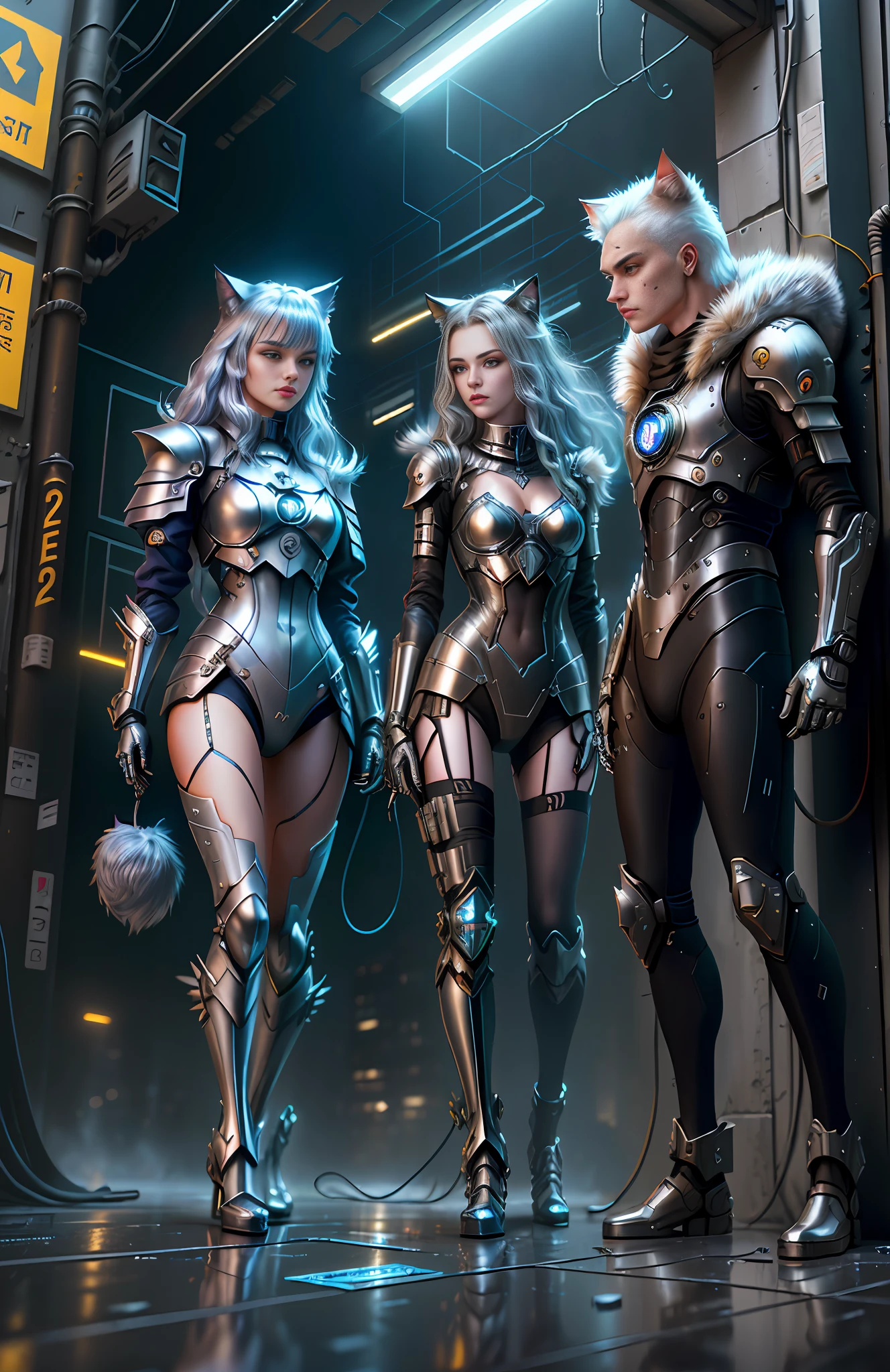 cats in cyber silver armor, dogs in cyber silver armor, on abandoned building, messy floor, cyberpunk technology, cables jaunting, lens flare, by Mathias Kollros, by Julia Pishtar, modeling photography, olivia de bernardinis, by steven belledin, alina ivanchenko, night raining, wet street