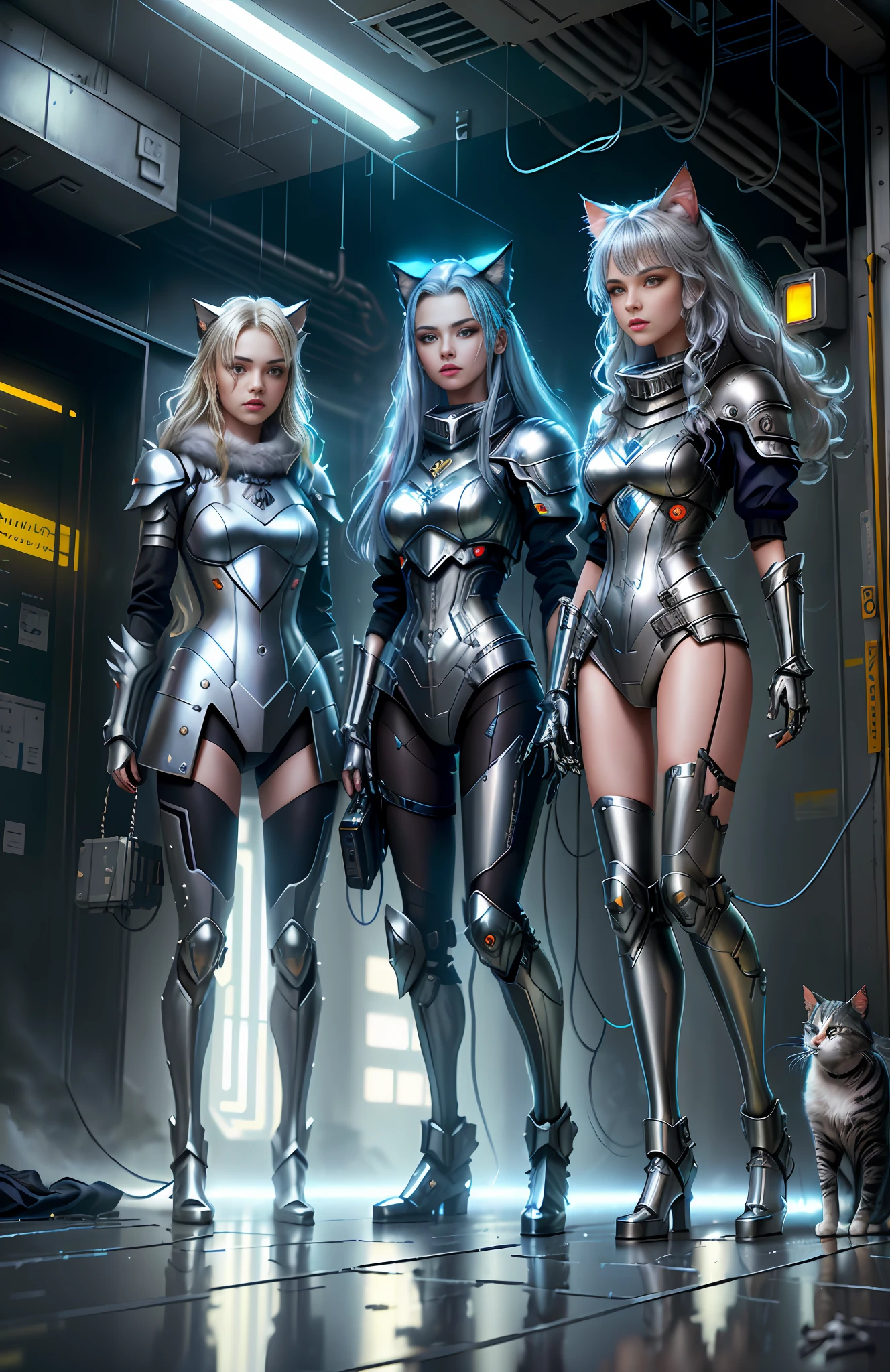 cats in cyber silver armor, dogs in cyber silver armor, on abandoned building, messy floor, cyberpunk technology, cables jaunting, lens flare, by Mathias Kollros, by Julia Pishtar, modeling photography, olivia de bernardinis, by steven belledin, alina ivanchenko, night raining, wet street