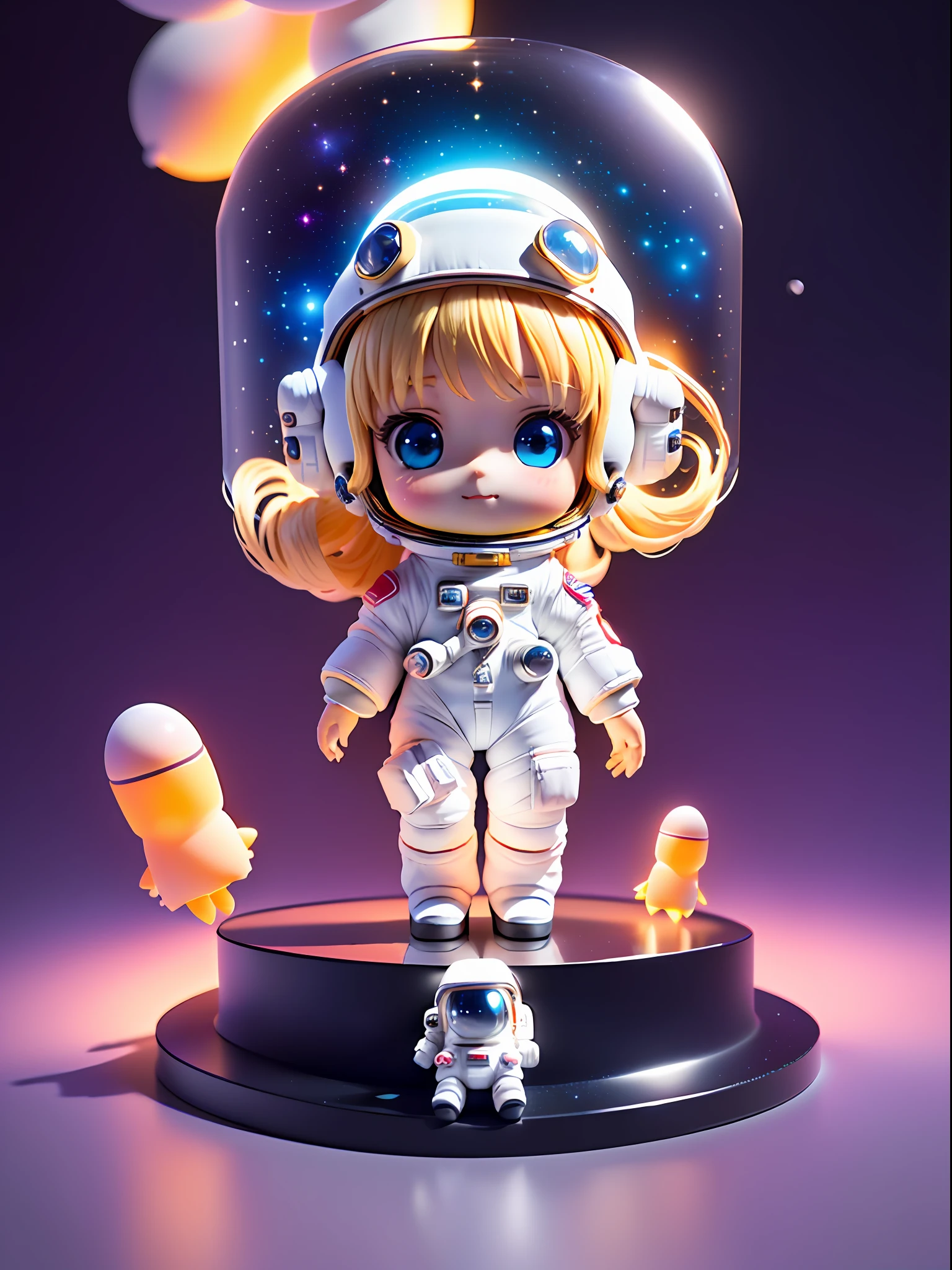 Super cute girl full body 3D picture, 1pc, good looking eyes, big eyes, cute, happy, c4d, pop matt blind box, white long hair, glowing bubbles, toys, solid color background, chibi, fluorescent translucency, luminous body, kawaii, doll, (((astronaut, spacesuit))), reference table, pop mart blind box, Pixar, complex details, 3d rendering, blender, OC renderer, fol body reference sheet, Dribble, High Details, 8K, Studio Lighting, Loli, Petite, Child, Chibi, SD characters: 1.1, Magic Space Warehouse background