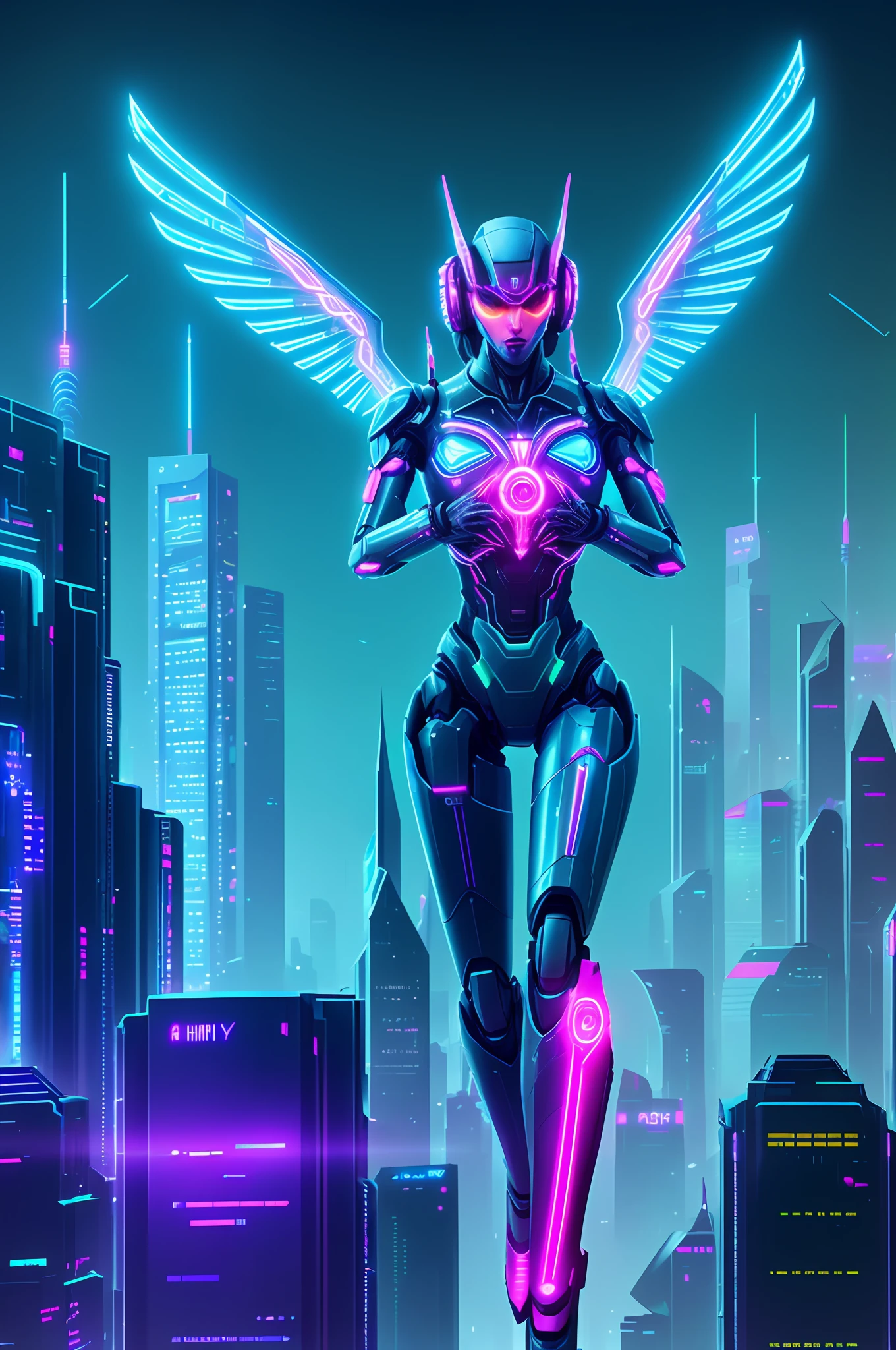 Artificial intelligence, Cyberspace, in a futuristic city (city of artificial intelligences), artificial intelligence codes, strong winged lights, with expensive flying neon colors