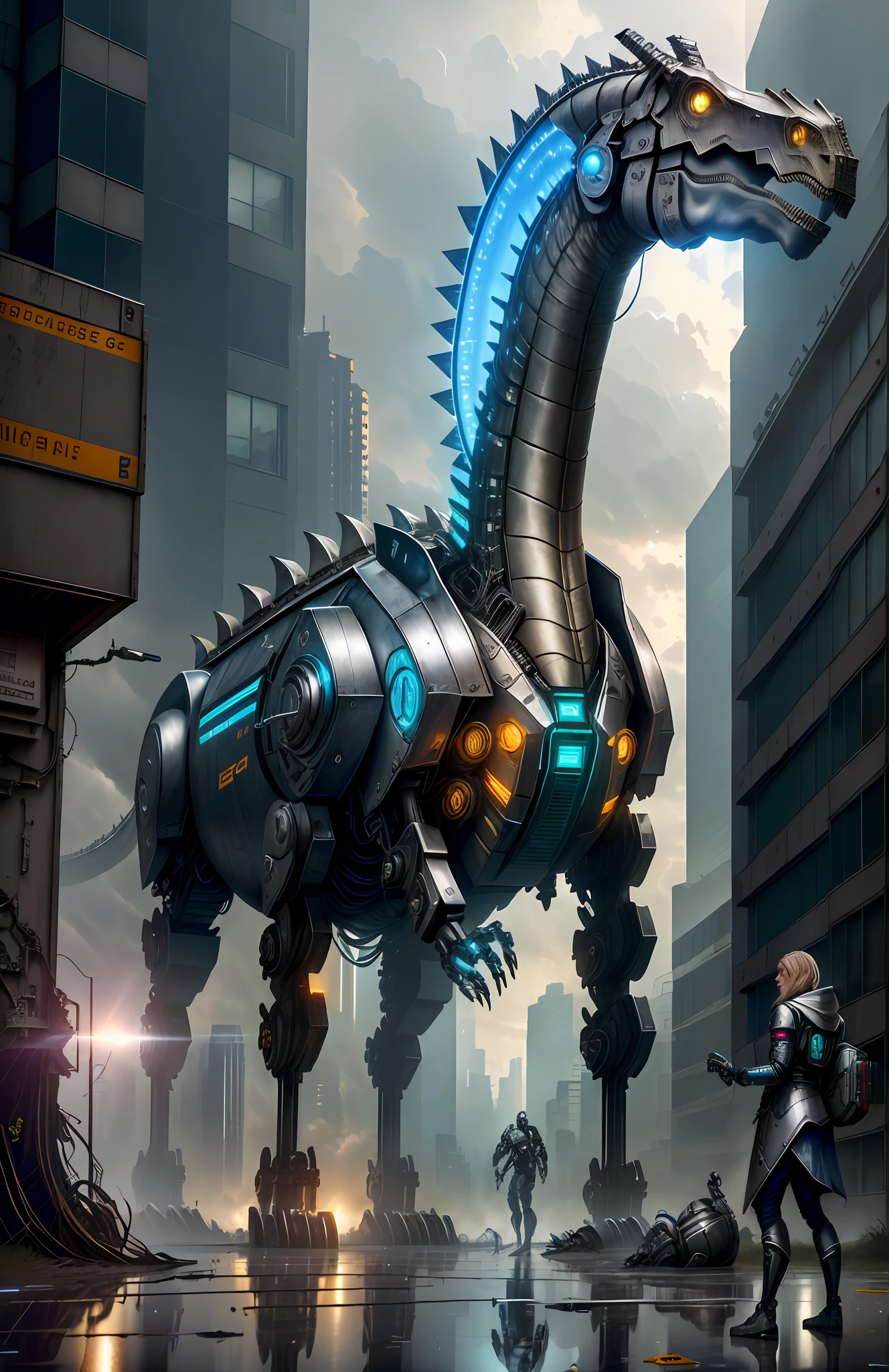brachiosaurus in cyber silver armor, on abandoned building, messy floor, cyberpunk technology, cables jaunting, lens flare, by Mathias Kollros, by Julia Pishtar, modeling photography, olivia de bernardinis, by steven belledin, alina ivanchenko, night raining, wet street