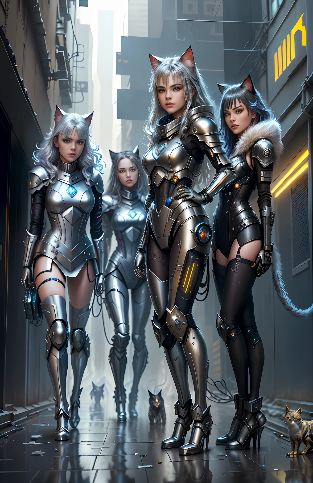 cats in cyber silver armor, dogs in cyber silver armor, on abandoned building, messy floor, cyberpunk technology, cables jaunting, lens flare, by Mathias Kollros, by Julia Pishtar, modeling photography, olivia de bernardinis, by steven belledin, alina ivanchenko, night raining, wet street