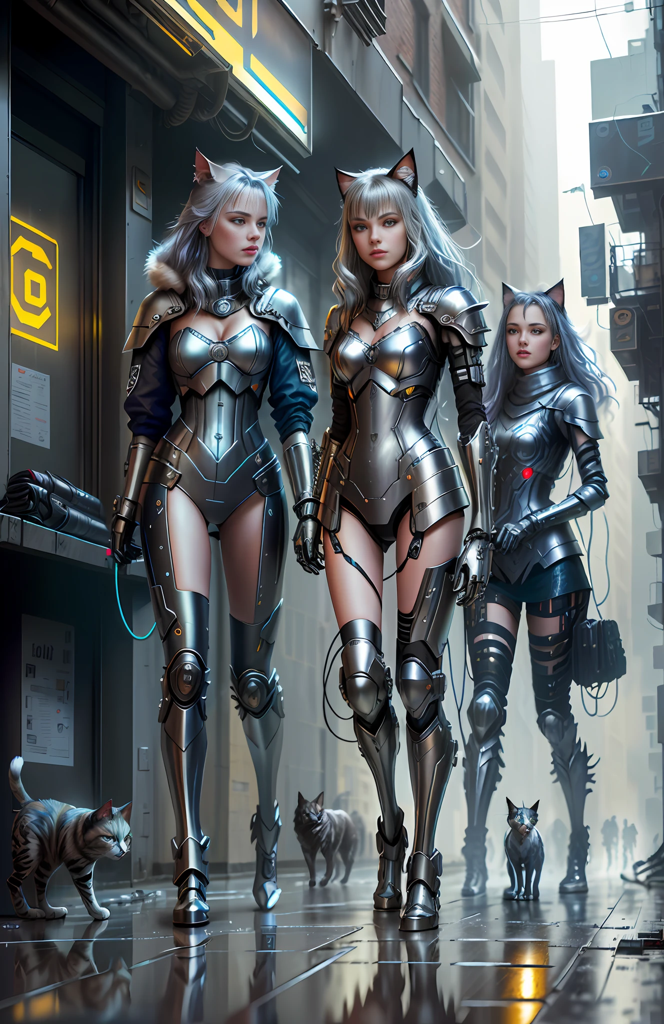 cats in cyber silver armor, dogs in cyber silver armor, on abandoned building, messy floor, cyberpunk technology, cables jaunting, lens flare, by Mathias Kollros, by Julia Pishtar, modeling photography, olivia de bernardinis, by steven belledin, alina ivanchenko, night raining, wet street