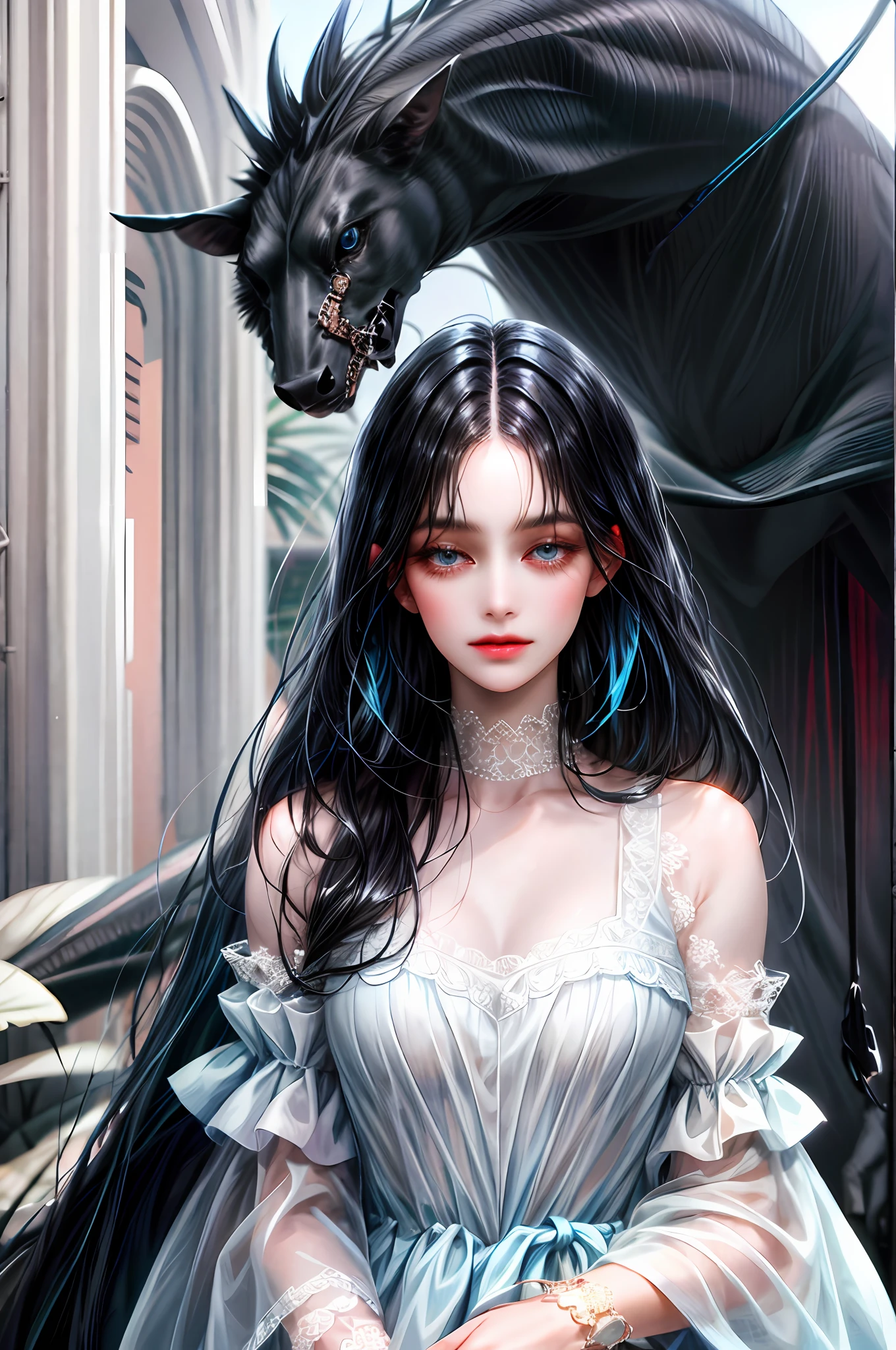 A girl with straight black hair with fringe and blue eyes,tall,thin,beautiful,flat