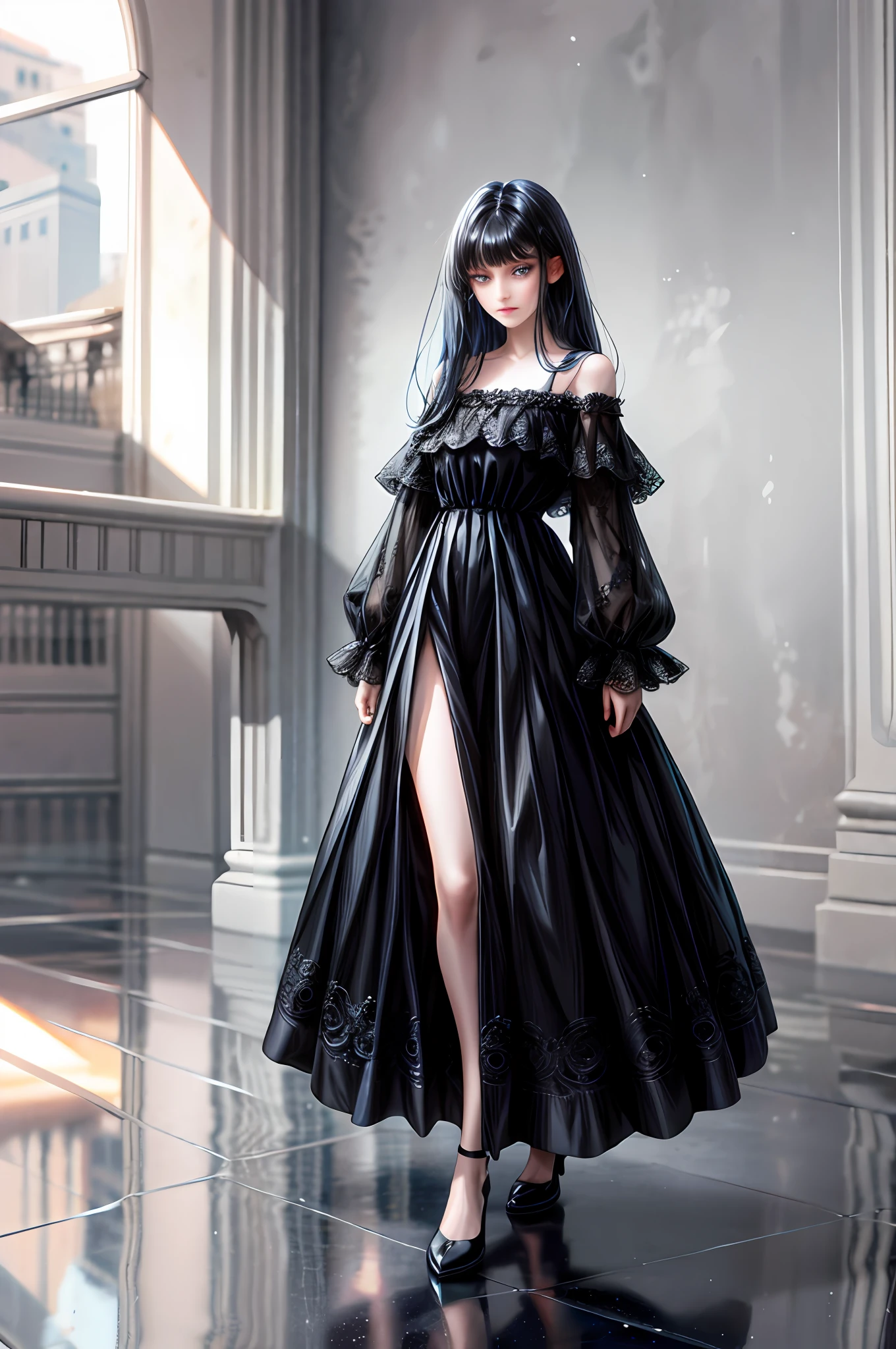A girl with straight black hair with fringe and blue eyes,tall,thin,beautiful,flat