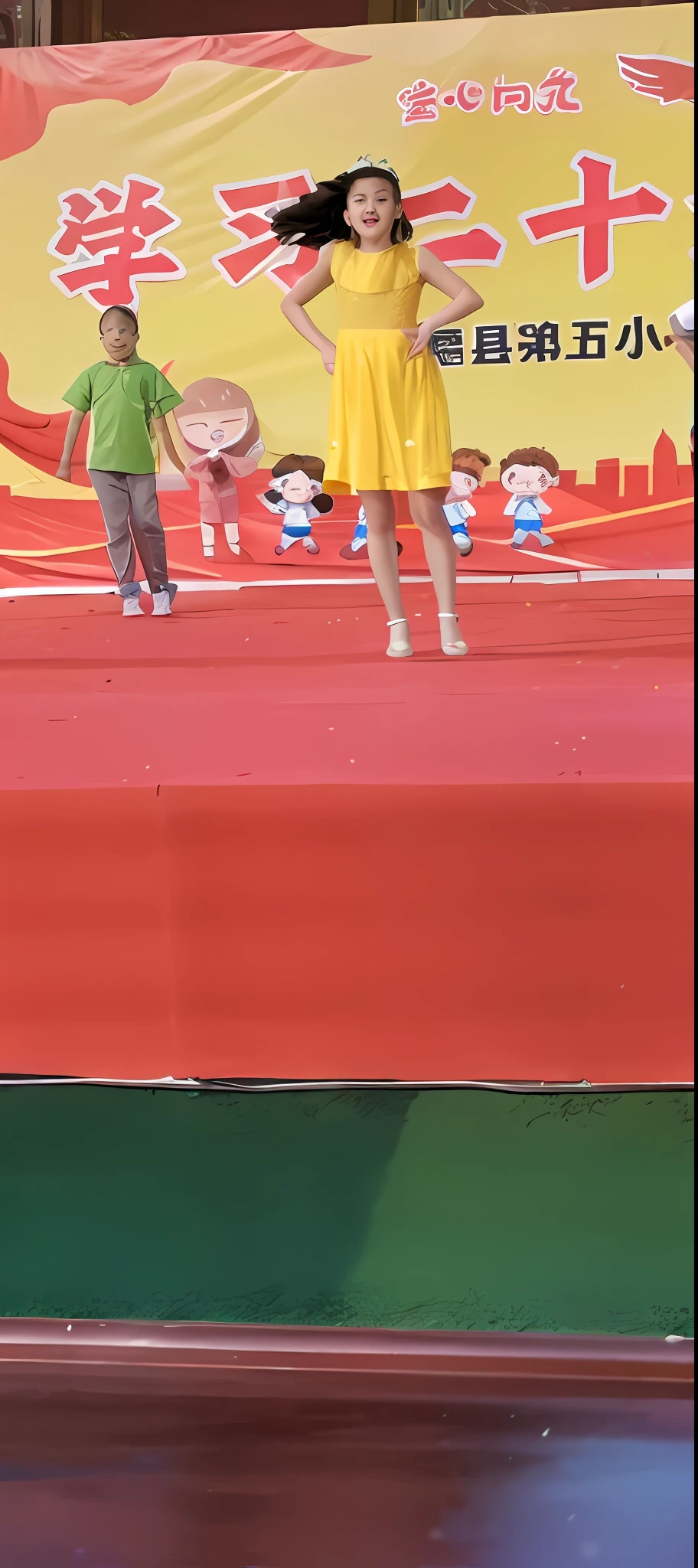 there are children on stage performing a musical show with a banner, stage background, red carpet, red carpet photo, stage, small legs, 165 cm tall, on stage, on a stage, red carpeted floor, on the stage, ground - level medium shot, stage photography, 155 cm tall, ground level shot, fashion show runway