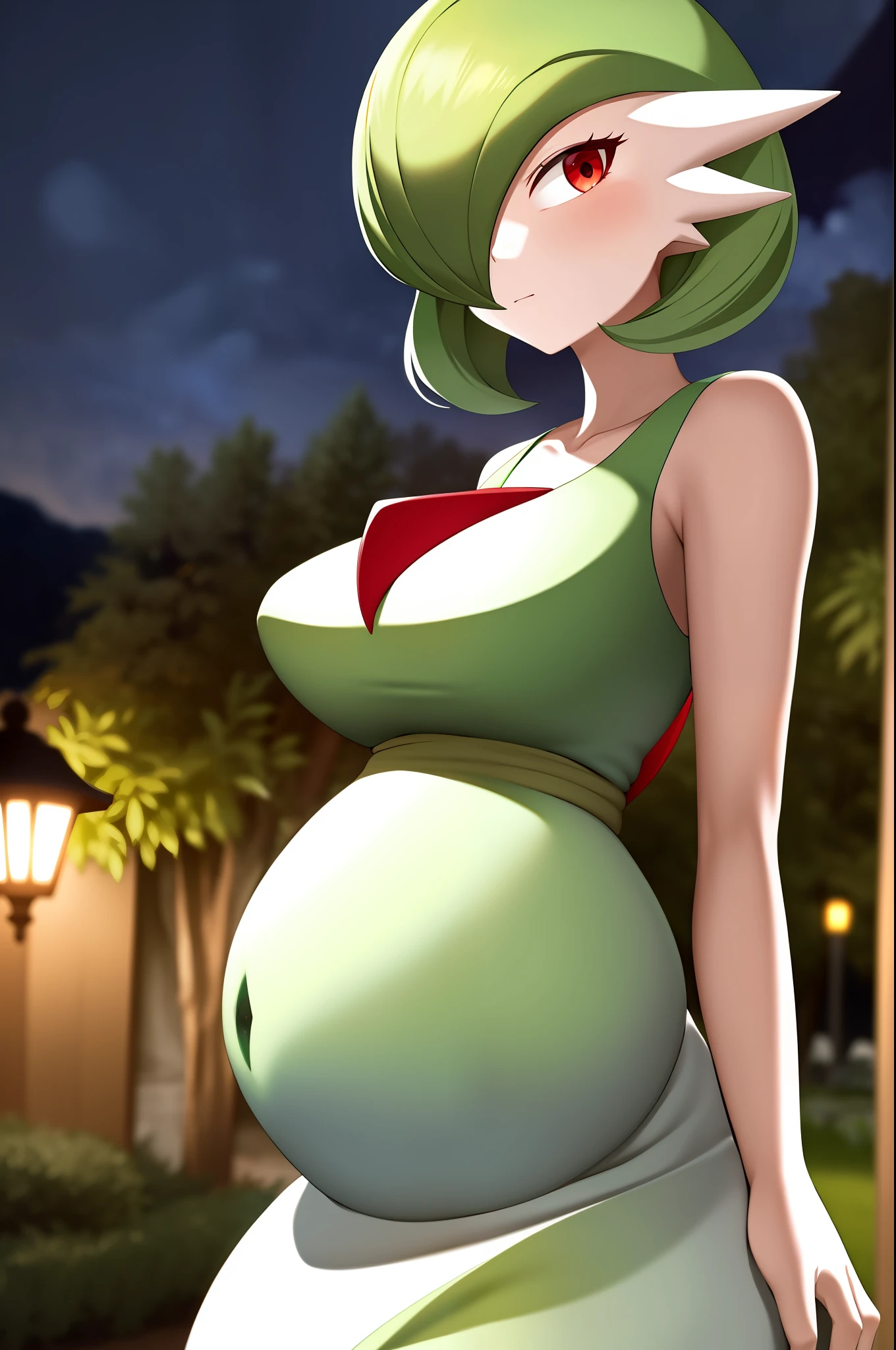 masterpiece, best_quality, 1girl, solo, gardevoir, pokemon\(creature\), green hair, red eyes, white dress, outdoor, night, pregnant, hands behind the back, big breasts