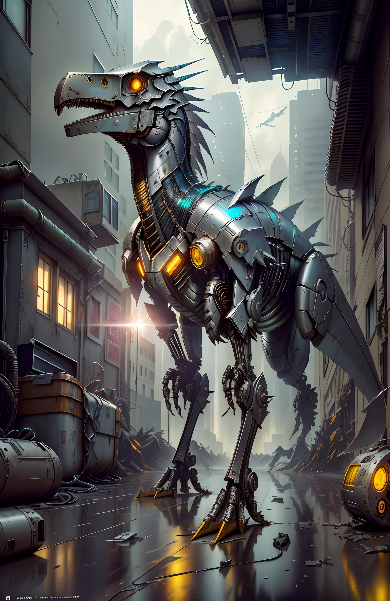 pterodactyl in cyber silver armor, on abandoned building, messy floor, cyberpunk technology, cables jaunting, lens flare, by Mathias Kollros, by Julia Pishtar, modeling photography, olivia de bernardinis, by steven belledin, alina ivanchenko, night raining, wet street