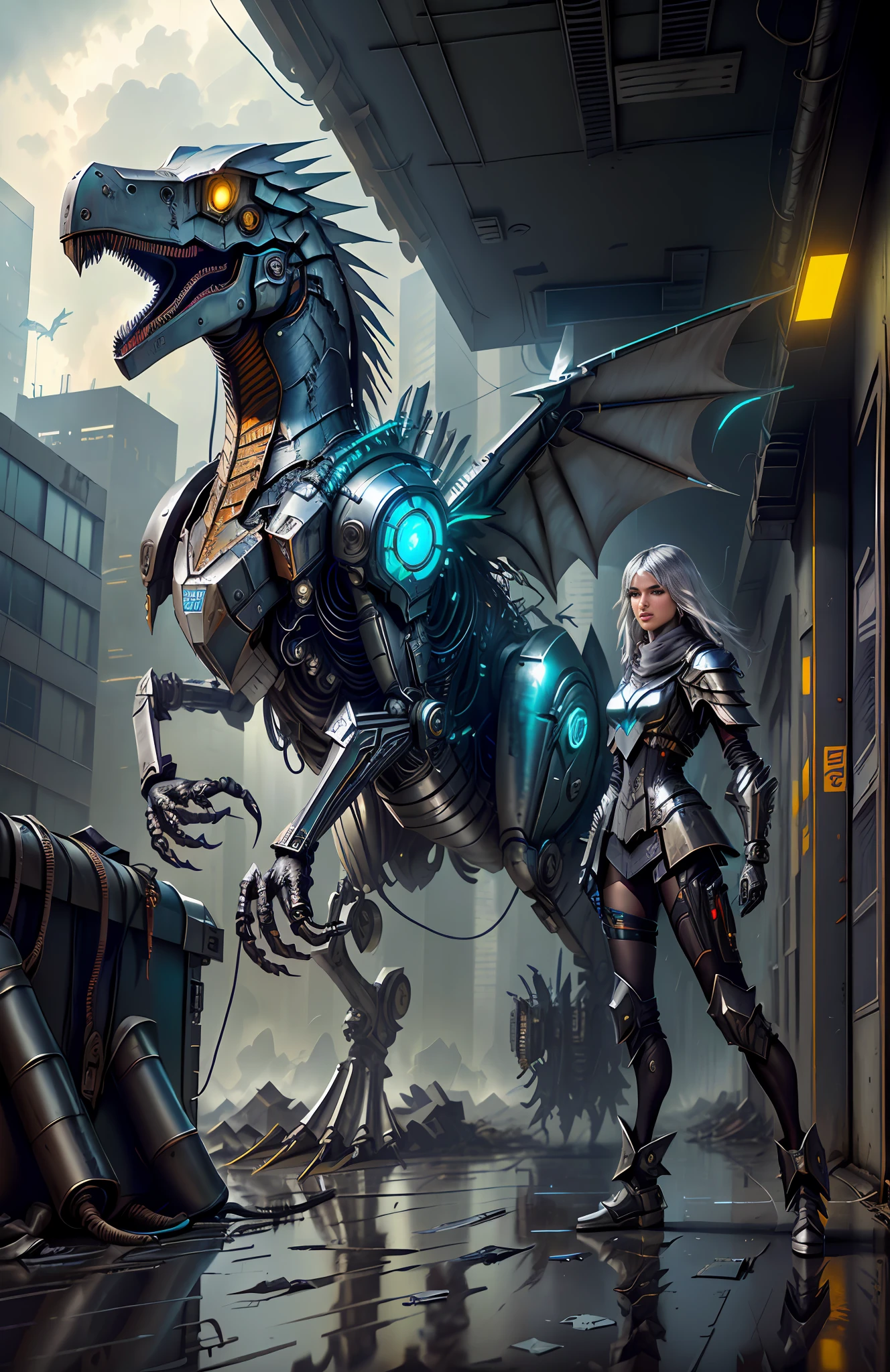pterodactyl in cyber silver armor, on abandoned building, messy floor, cyberpunk technology, cables jaunting, lens flare, by Mathias Kollros, by Julia Pishtar, modeling photography, olivia de bernardinis, by steven belledin, alina ivanchenko, night raining, wet street