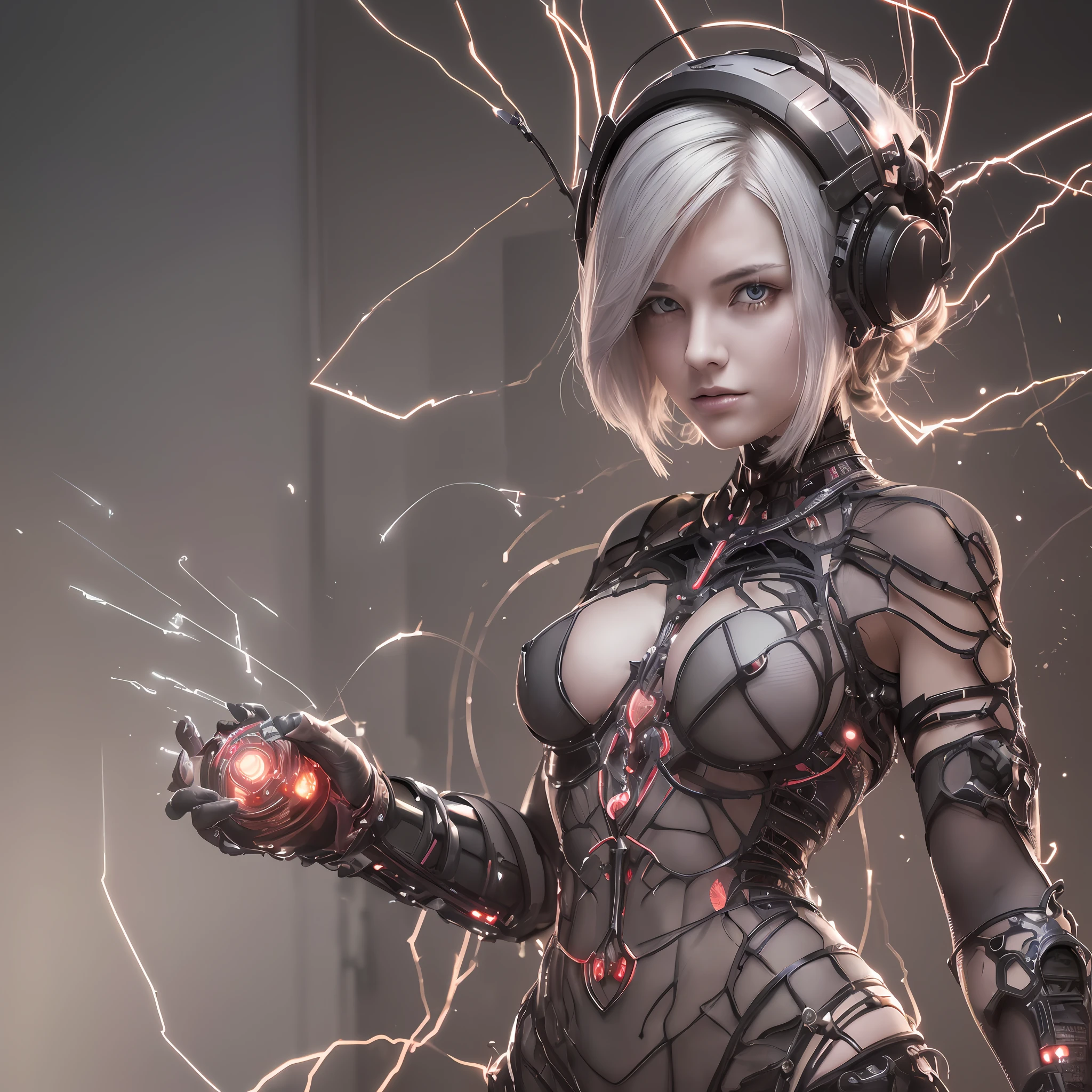 Darkness, horror, experiments, factories, sparks, (anatomy: 1.3) (damage: 1.2) (machine: 1.1) (woman with perfect body, full chest) has gray hair and beautiful, detailed red eyes. He has one (machine (heart: 1.1) and one (dirty face: 1.2), exposed wires and pipes, internal mechanical parts damaged and short circuited, severe damage, removal, natural light, light tracking, complex circuitry, illustrations, 8 wallpapers, ultra-detailed, full-body portraits, the best picture, wrong images, the wrong way, intricate details of the highest quality, ridiculous