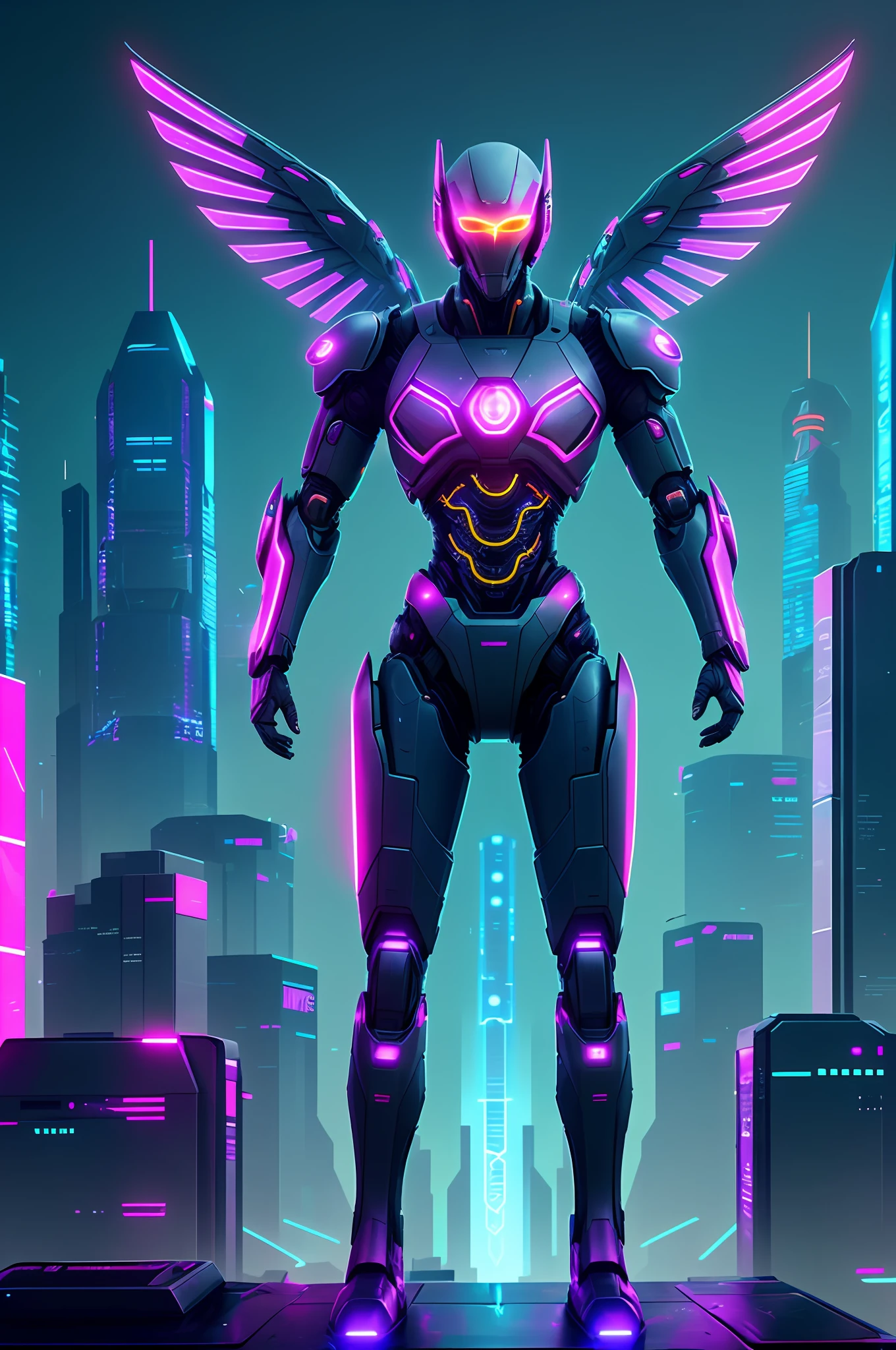 Artificial intelligence, Cyberspace, in a futuristic city (city of artificial intelligences), artificial intelligence codes, strong winged lights, with expensive flying neon colors