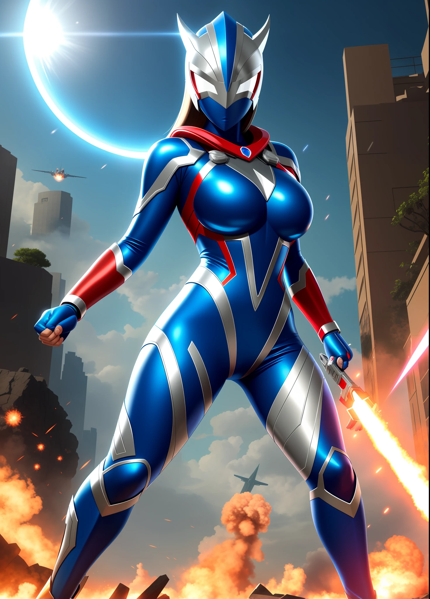 Full Body, 1 giant female in Ninja/Ultraman suit, huge breasts, ultraman helmet mask, facing viewer, no hair, clenched fists, fists up, bright blue circular jewel on her chest, in fighting stance, she has thunder around from your body, you are in a destroyed city with small ships circling around, anime, 16k, UHD, ccurate, anatomically correct, masterpiece, highres, best quality, award winning, high details