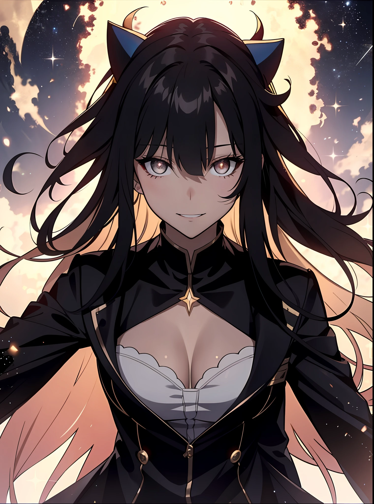 very long hair, golden hair, jacket, Black_jacket, red_eyes, bangs, school_uniform, straight hair, blunt_bangs, looking down at the viewer, big, full body, crazy eyes, insane, wide open eyes, glowing eyes, shiny lips, blush, satisfied look, aroused, obsessive look, crazy smile, hands from the frame, adult, , blonde ((girl in a suit)), ((gorgeous starry sky background)), ((super definition)), ((best illustration)), (shine: 1.2), (shine: 1.2), (best quality), (masterpiece: 1.2), (anime style), (solo), beautiful detail face, (long hair: 1.2), (floating hair: 1.2), (suit), detailed costume, (magic effect: 1.3), (transparent fabric: 1.1), (glitter : 1.2), (Glow: 1.2), (Glow: 1.2), (Flicker: 1.2), (Dazzle: 1.2), Big, Big breaody, Black miniskirt, Evil grin, Slightly open mouth, Blush, Excited face, Bewitching expression, Estrus, Clothes wit chest, Cleavage, Naughty expresstful face