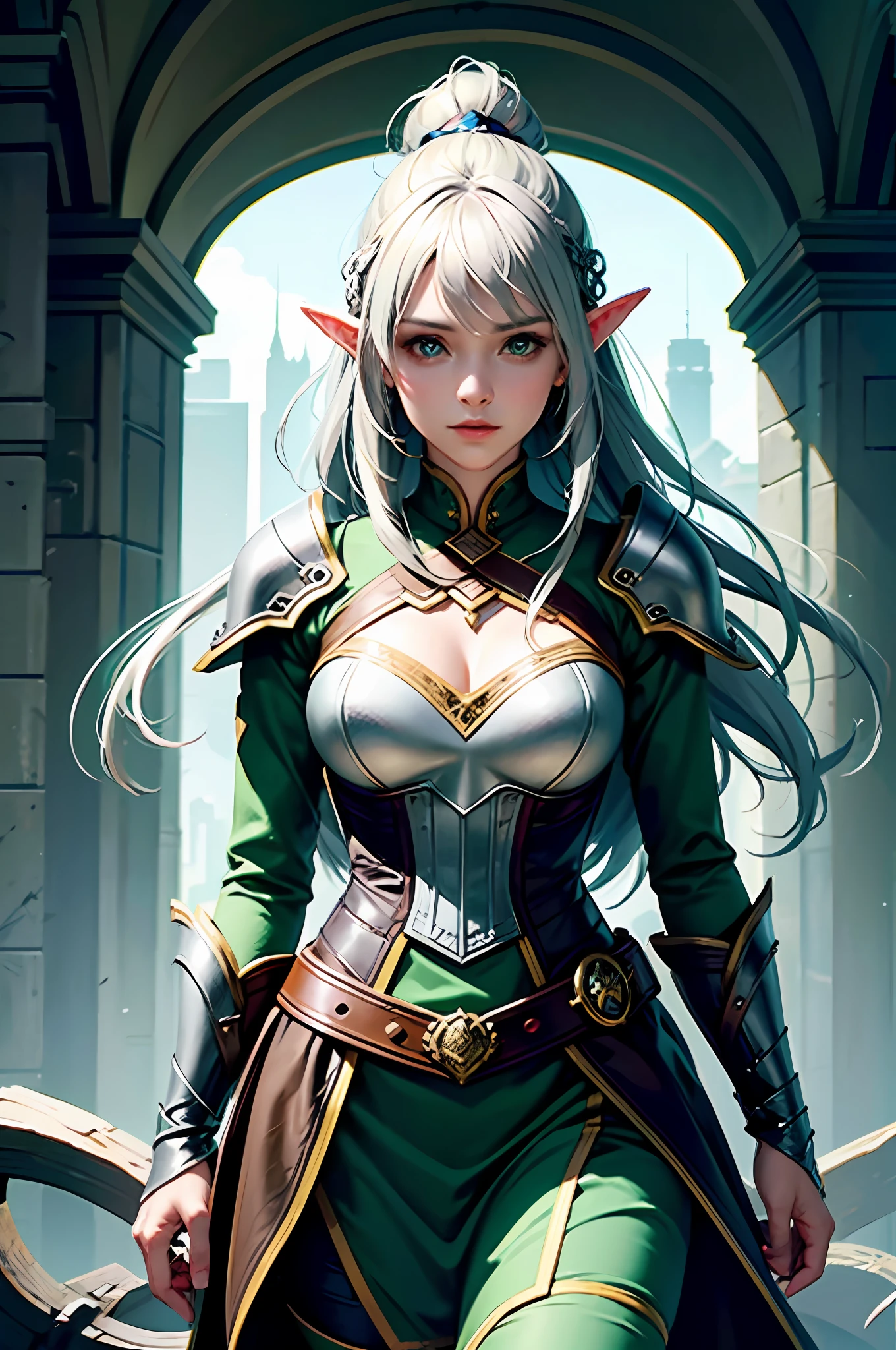 (Front Focus), (In the Dark: 1.6), A Woman Wearing Gorgeous Green Armor, Elves, Fantasy Art, Photo Realism, Dynamic Lighting, ArtStation, Poster, Volumetric Lighting, Very Detailed Faces, 4 K, Award-Awarded, 1girl, In the Dark, Deep Shadow, Low Key, Cowboy Shot, (Official Uniform: 1.4), Long Hair, Gray Hair