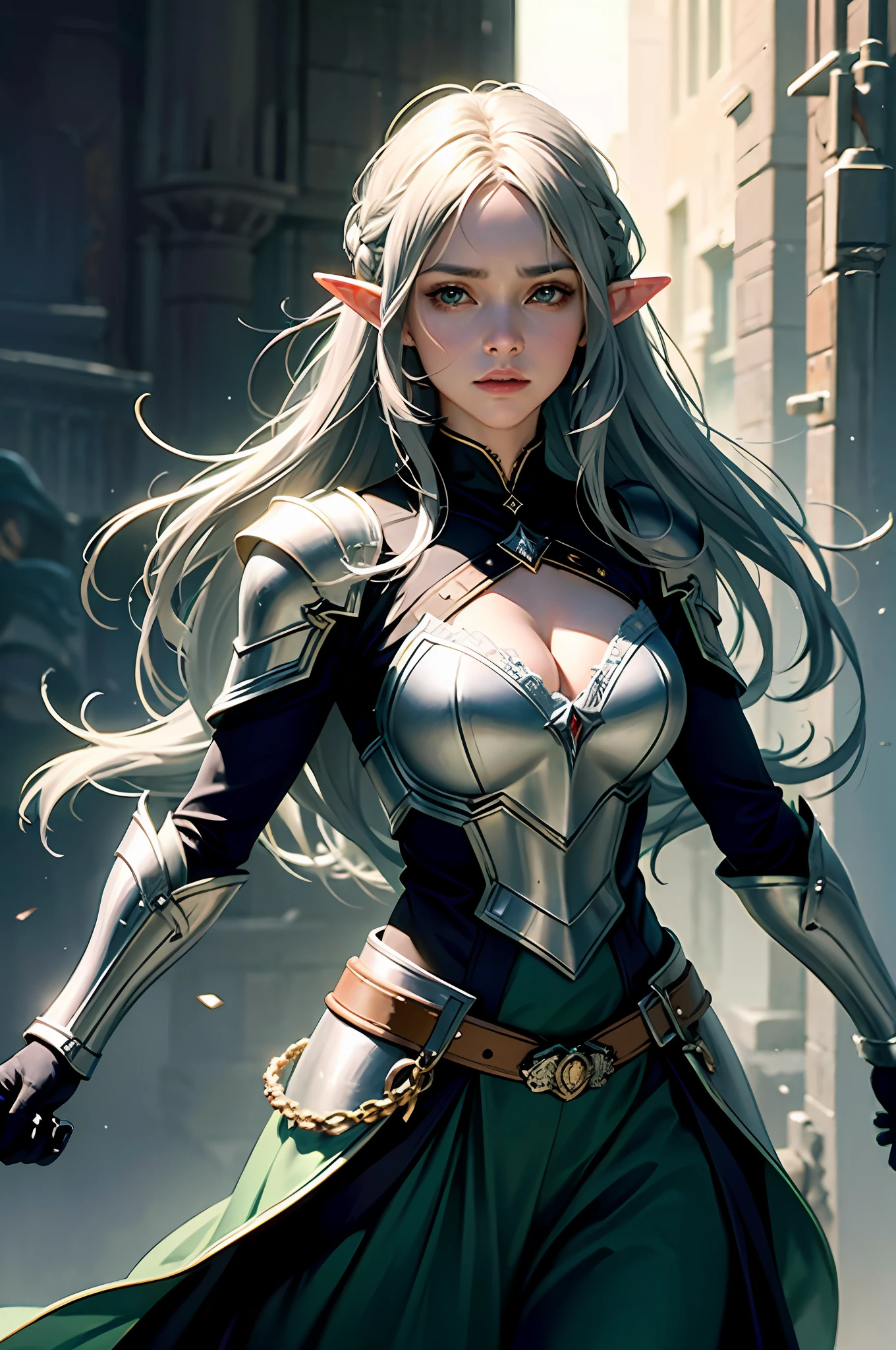 (Front Focus), (In the Dark: 1.6), A Woman Wearing Gorgeous Green Armor, Elves, Fantasy Art, Photo Realism, Dynamic Lighting, ArtStation, Poster, Volumetric Lighting, Very Detailed Faces, 4 K, Award-Awarded, 1girl, In the Dark, Deep Shadow, Low Key, Cowboy Shot, (Official Uniform: 1.4), Long Hair, Gray Hair