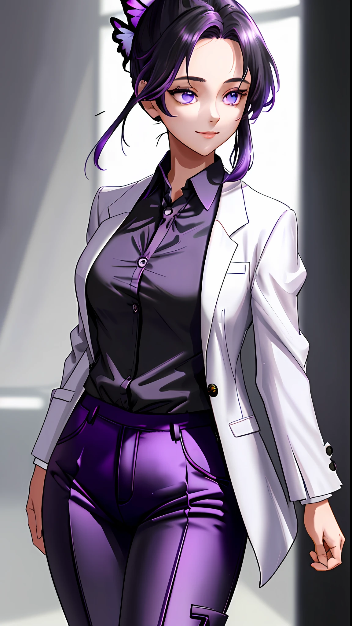 insanely beautiful girl, short messy black and purple hair, hair tied up, butterfly hair clip, (((black button-down shirt))), (((tight purple pants))), (((white blazer))), (((open blazer))), little smile, open-minded, office, Full body Beautiful anime style girl, sexypose, clean detailed faces, (((revealing clothing))), analogous colors, glowing shadows, beautiful gradient, depth of field, clean image, high quality, high detail, high definition, Luminous Studio graphics engine, cute face, slim waist, nice hips, medium sized chest, thighs