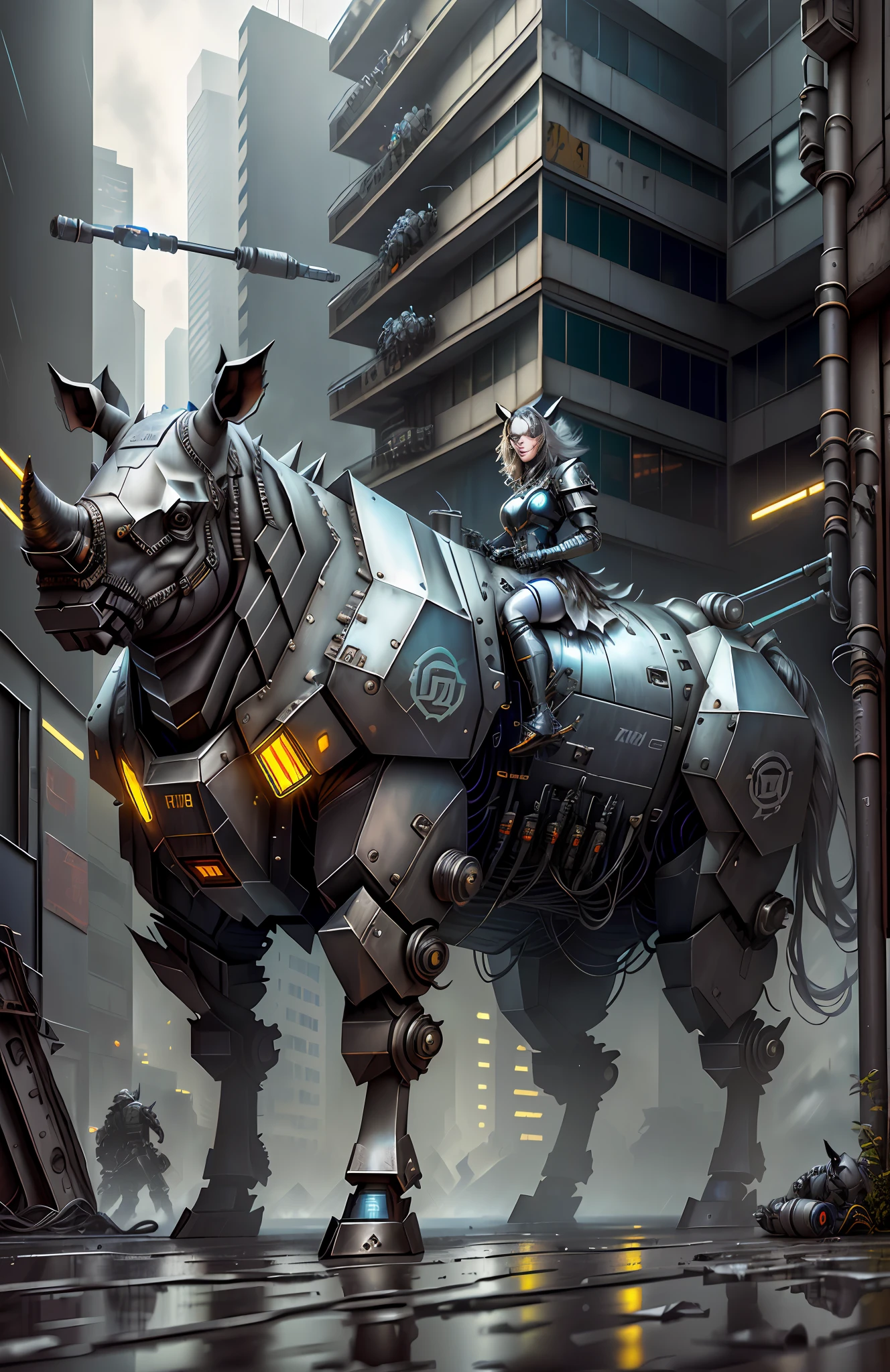 rhinoceros in cyber silver armor, on abandoned building, messy floor, cyberpunk technology, cables jaunting, lens flare, by Mathias Kollros, by Julia Pishtar, modeling photography, olivia de bernardinis, by steven belledin, alina ivanchenko, night raining, wet street